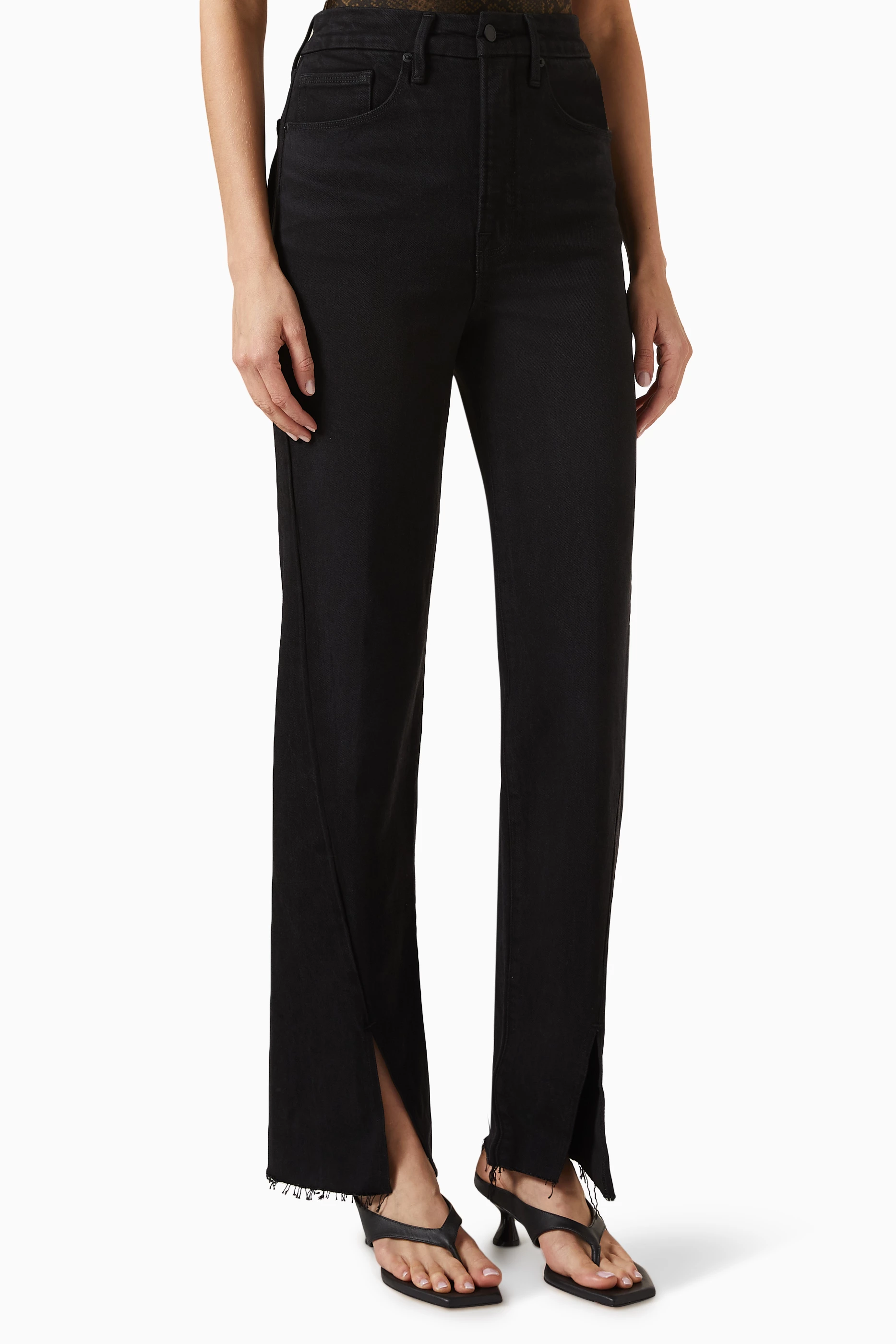 Buy Good American Black Good Boy Twisted Slit Jeans in Denim for
