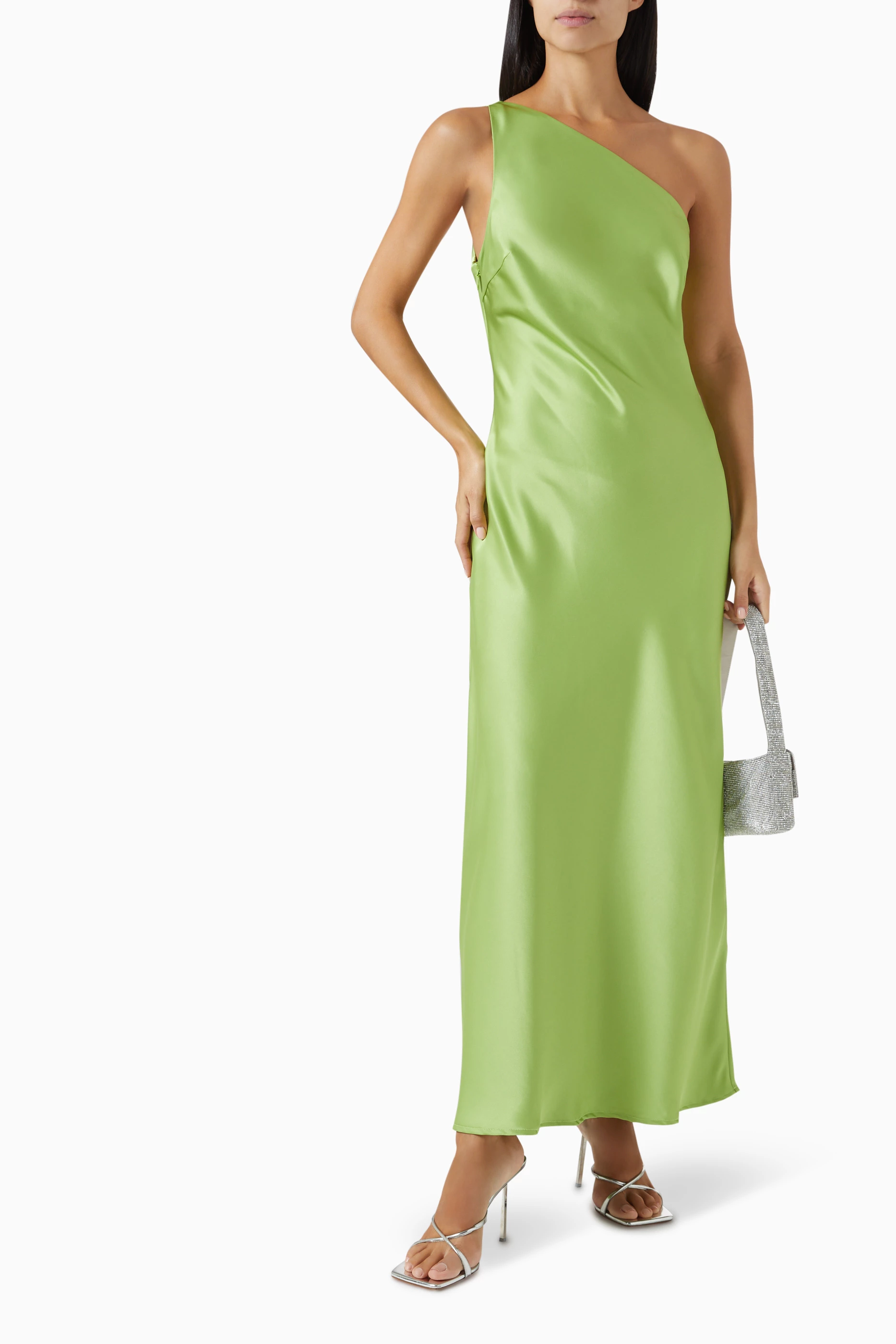 Buy Mossman Green Lucid One shoulder Maxi Dress in Satin for Women