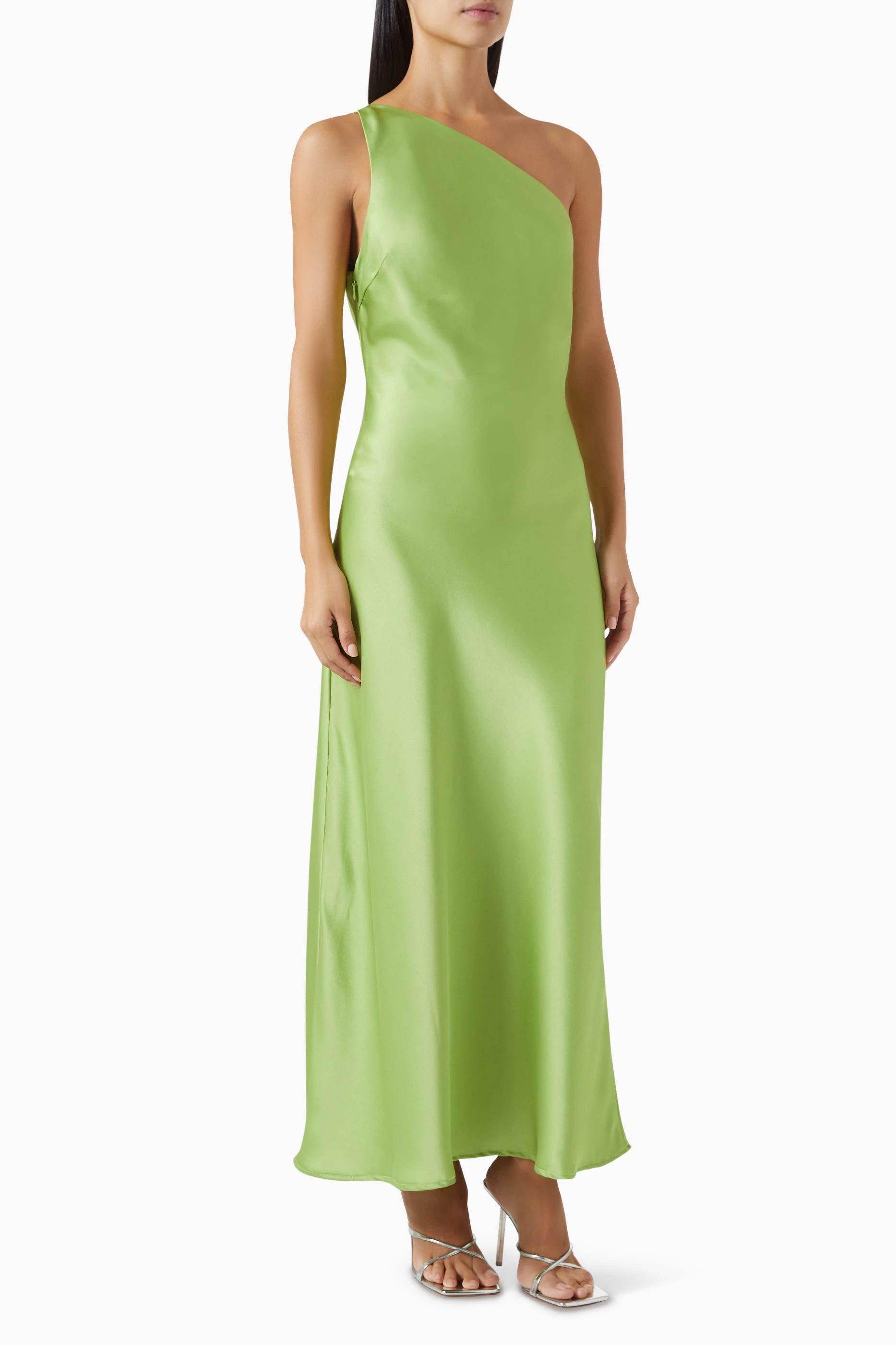 One shoulder green maxi dress online