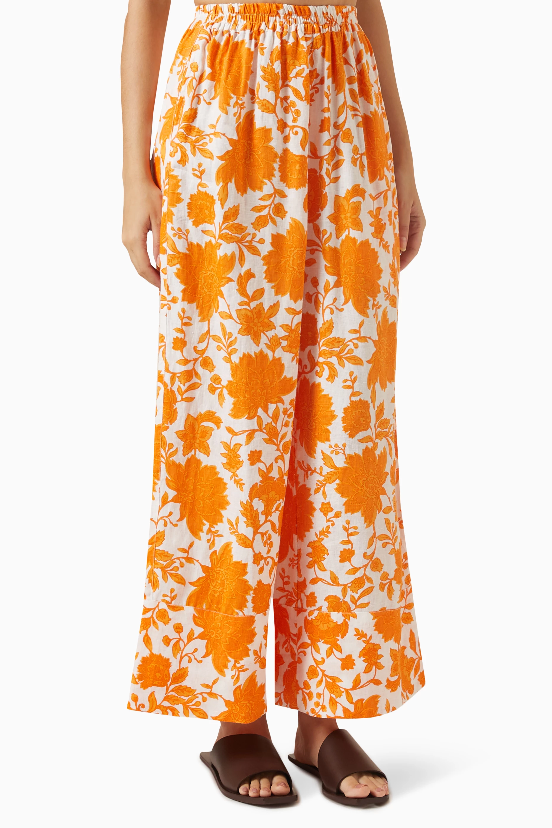 Buy Morton Mac Orange Agnes Wide leg Pants in Linen for Women in
