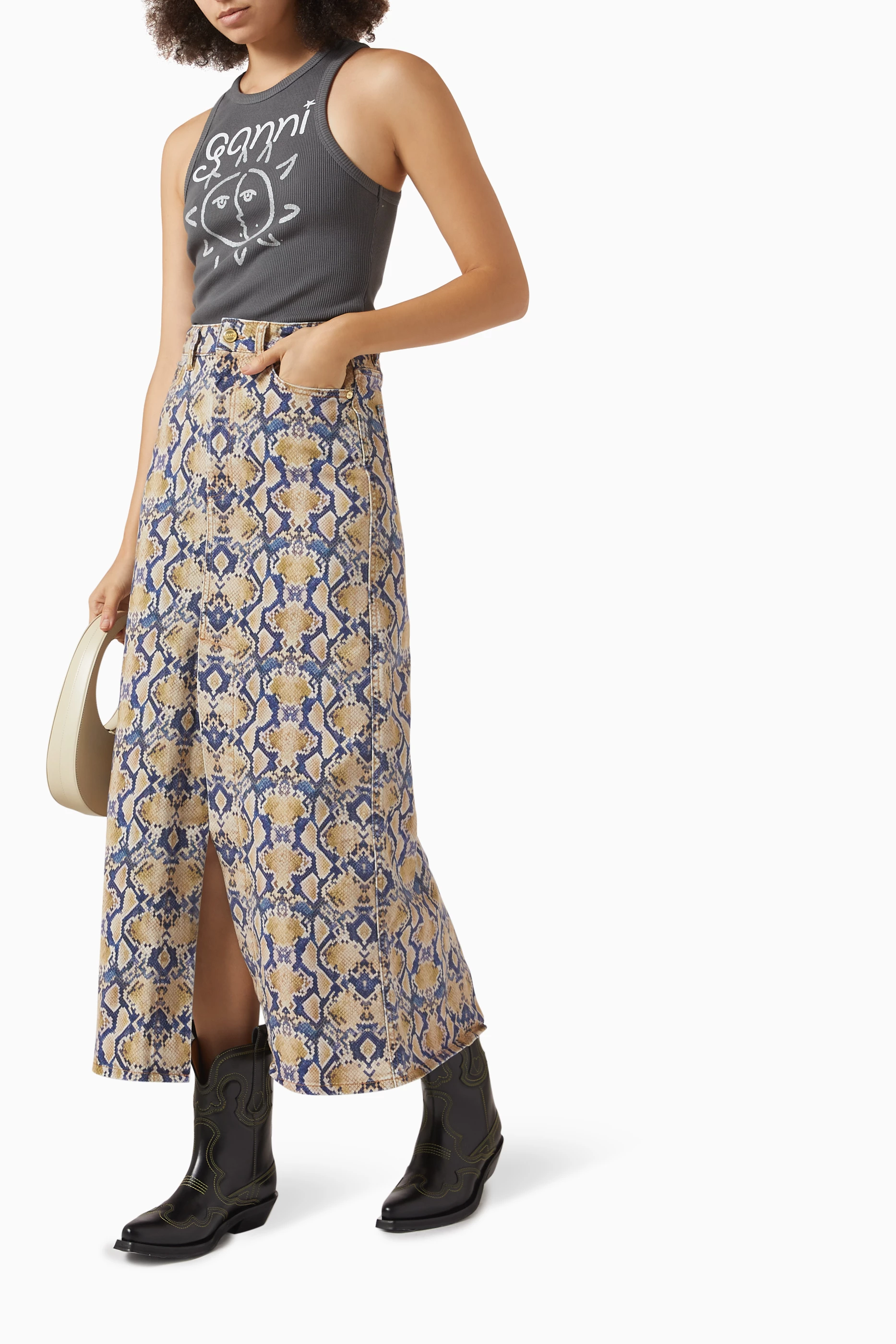 Buy Ganni Multicolour Snake print Maxi Skirt in Denim for Women in