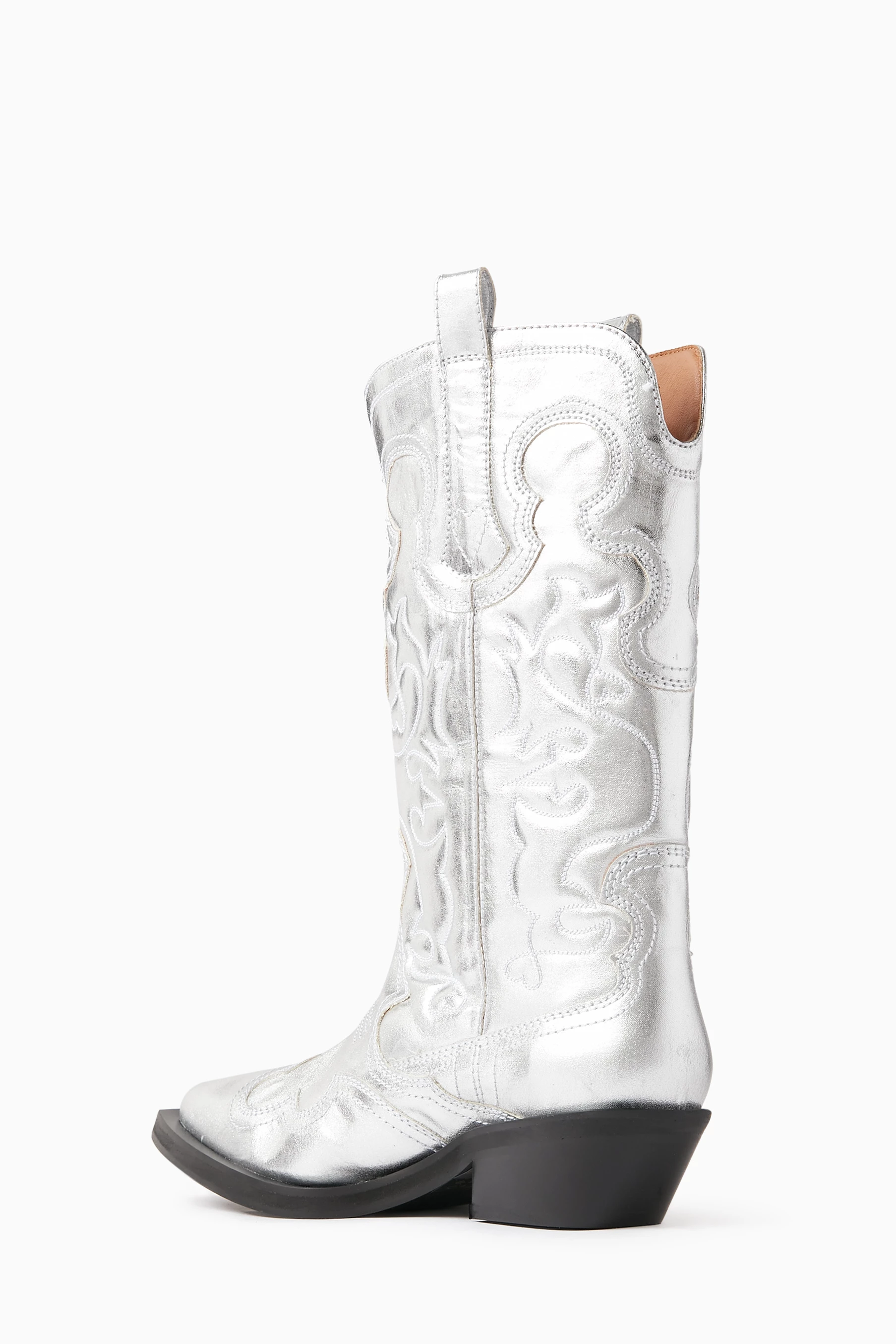 Buy Ganni Silver Mid shaft Embroidered Western Boots for Women in