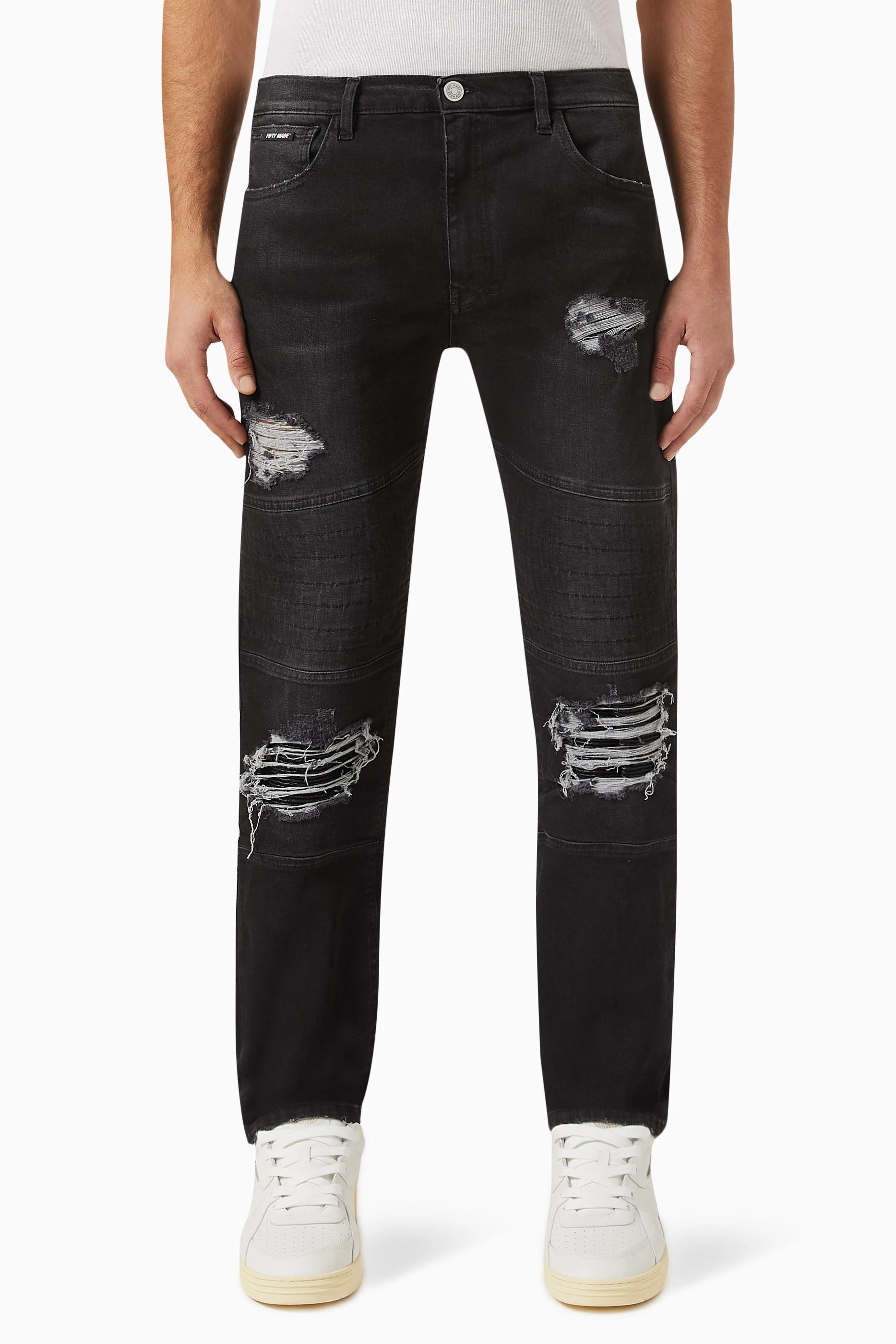 Buy Fifty Made Black Distressed Biker Jeans for Men in UAE Ounass