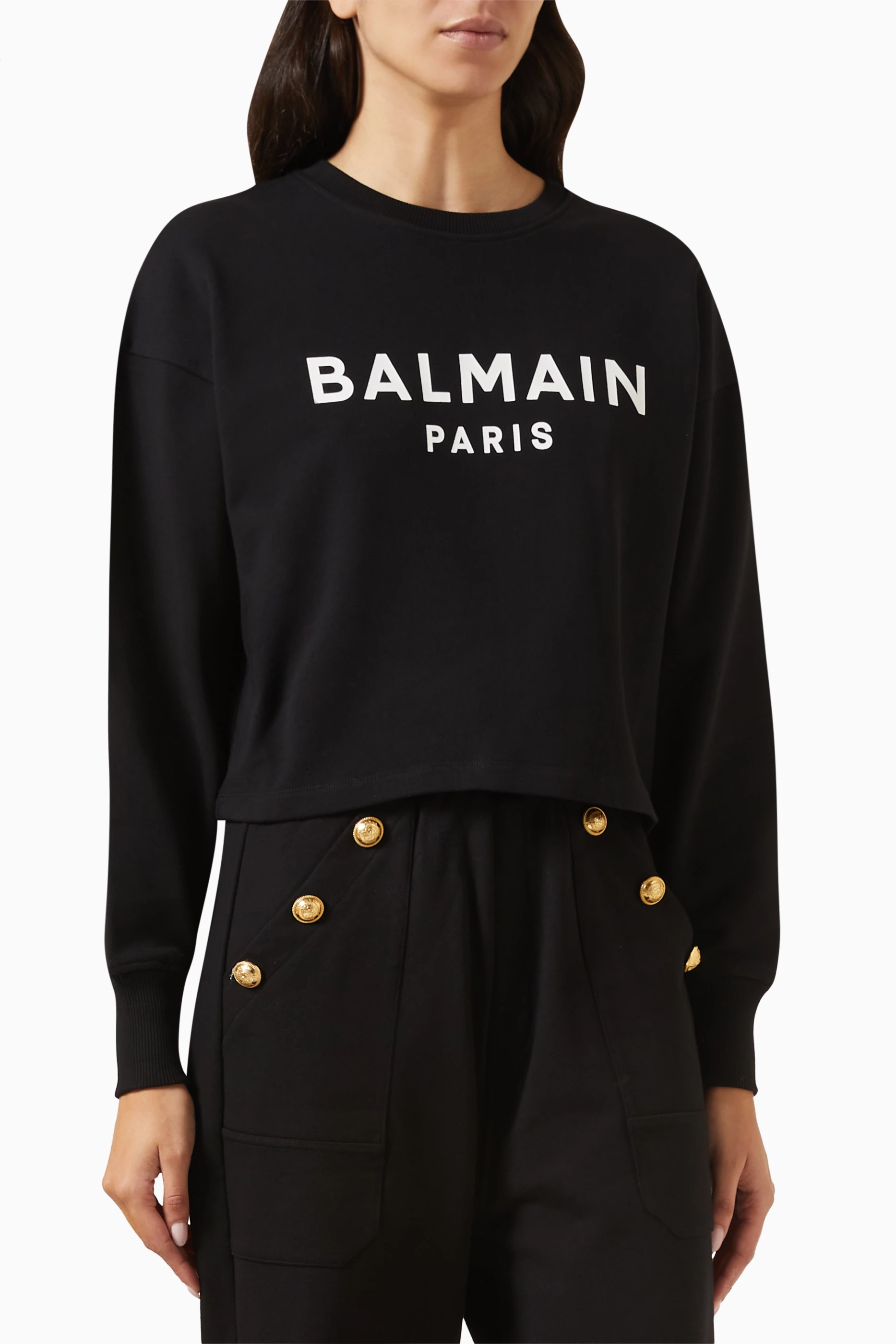 Buy Balmain Black Logo print Crop Sweatshirt in Cotton for Women in UAE Ounass