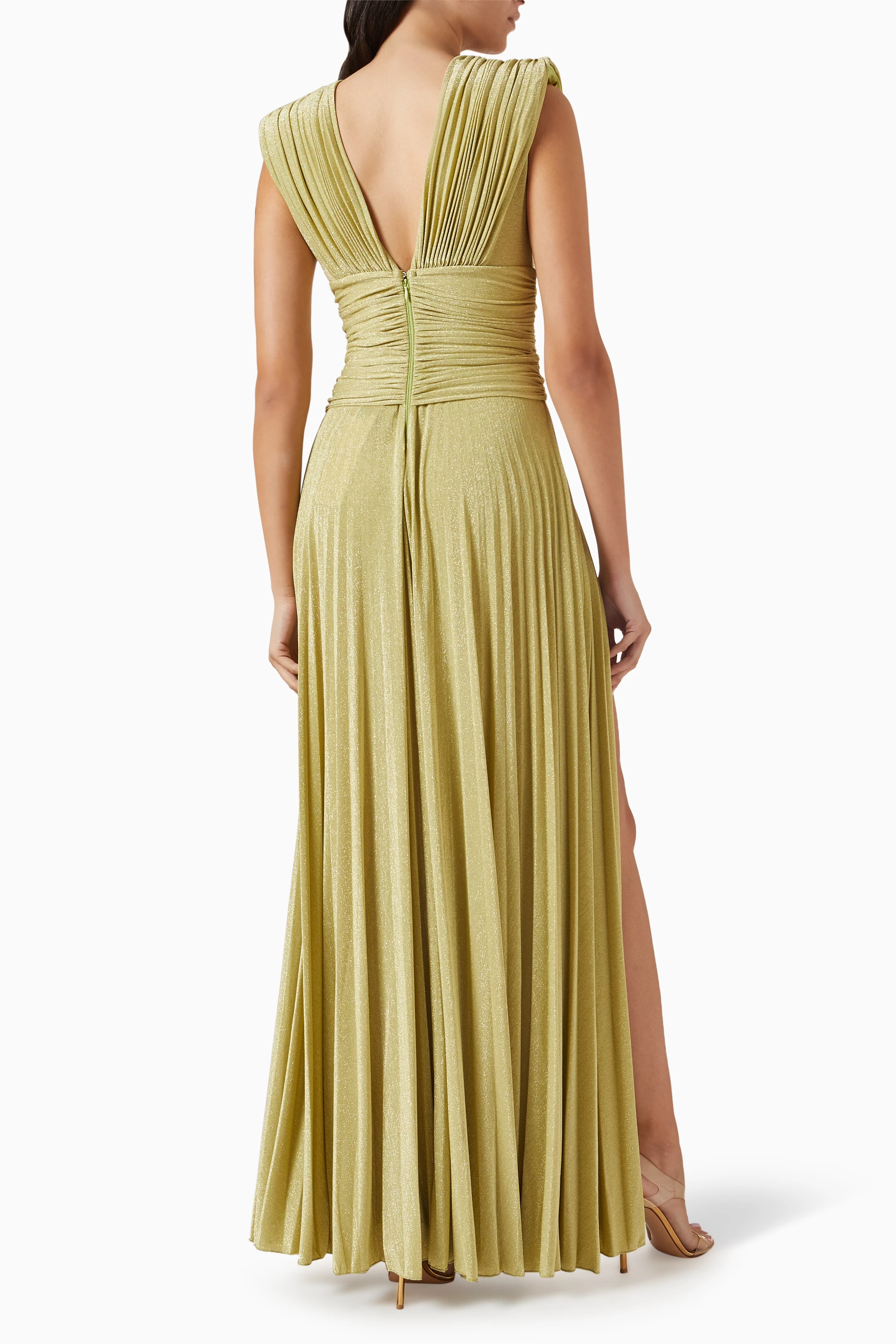 Buy Elisabetta Franchi Green Gathered Maxi Dress in Lurex jersey