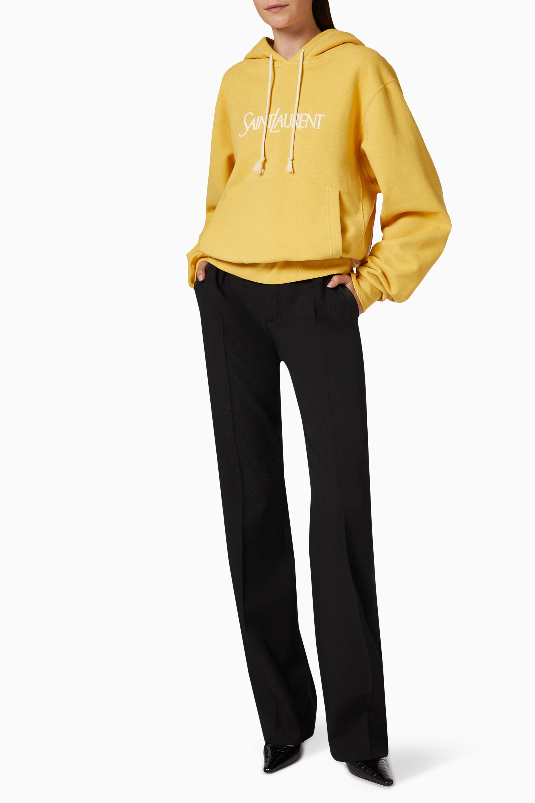 Buy SAINT LAURENT Yellow Logo Oversized Hoodie in Cotton fleece