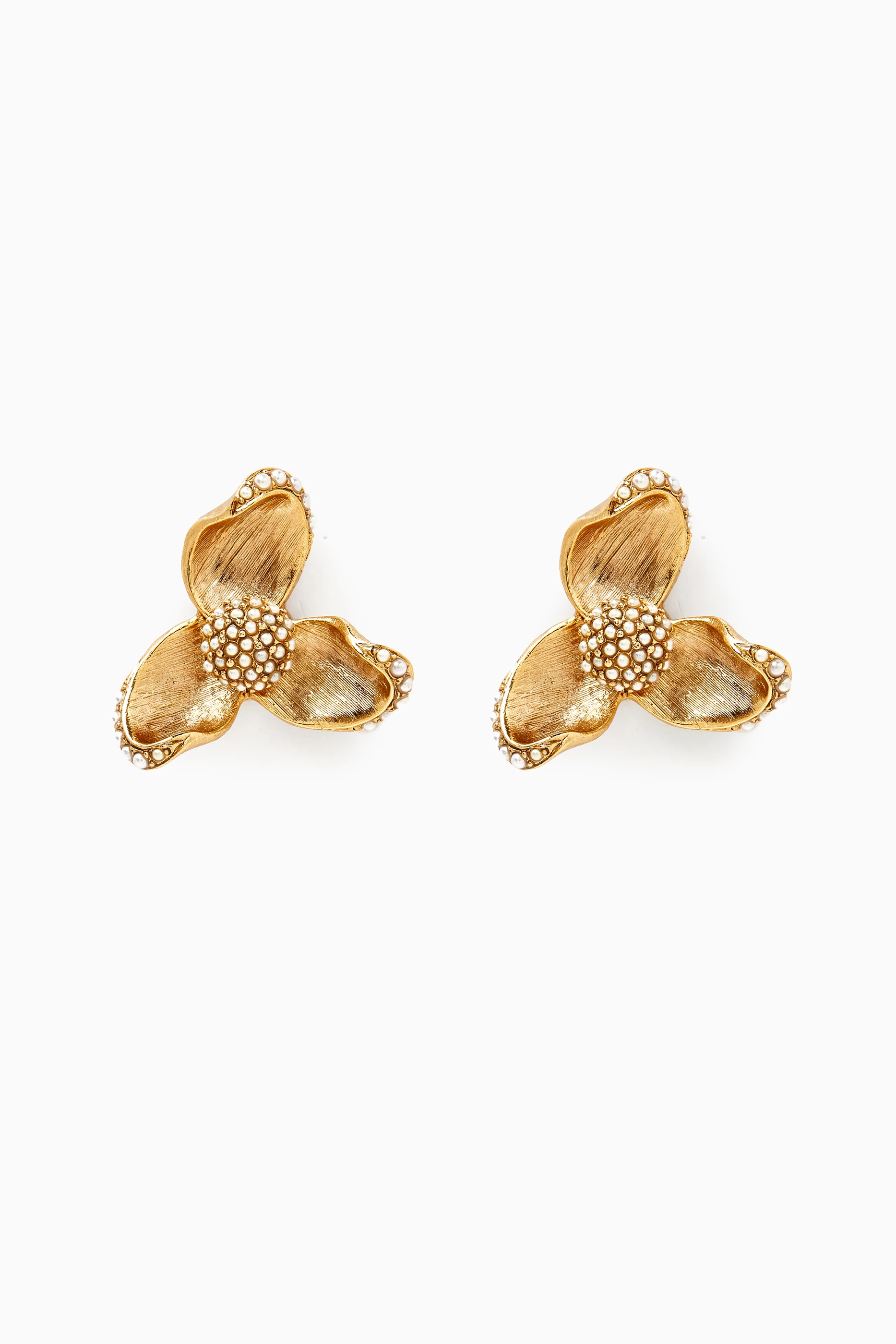Buy Oscar de la Renta Gold Tri Leaf Pearl Flower Earrings in Metal for Women in UAE Ounass
