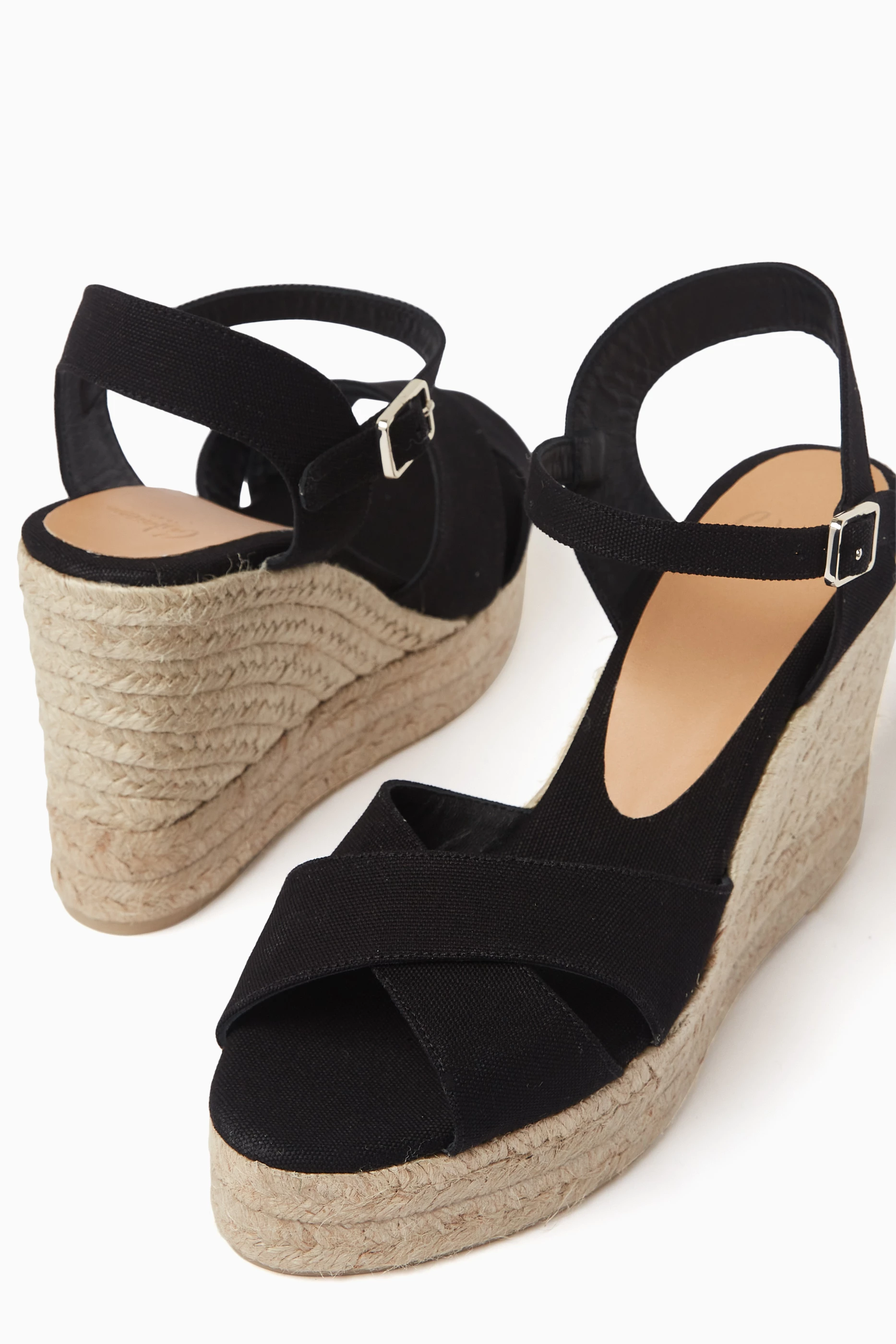 Black open shop toe espadrille wedges