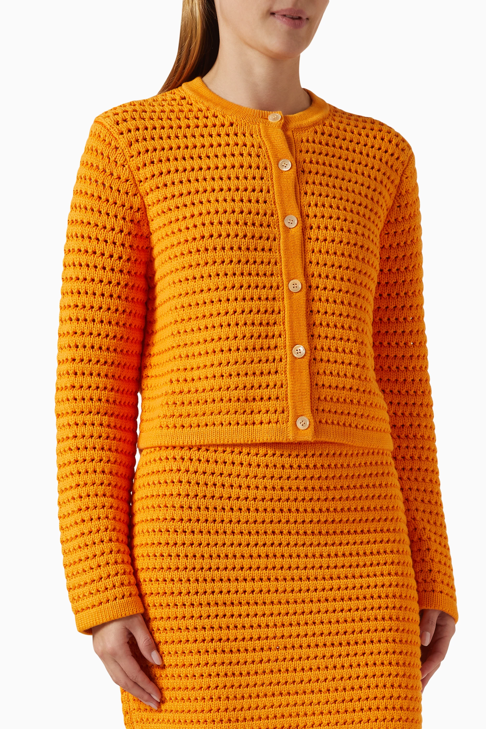Buy 12 STOREEZ Orange Open Knit Cardigan in Cotton for Women in
