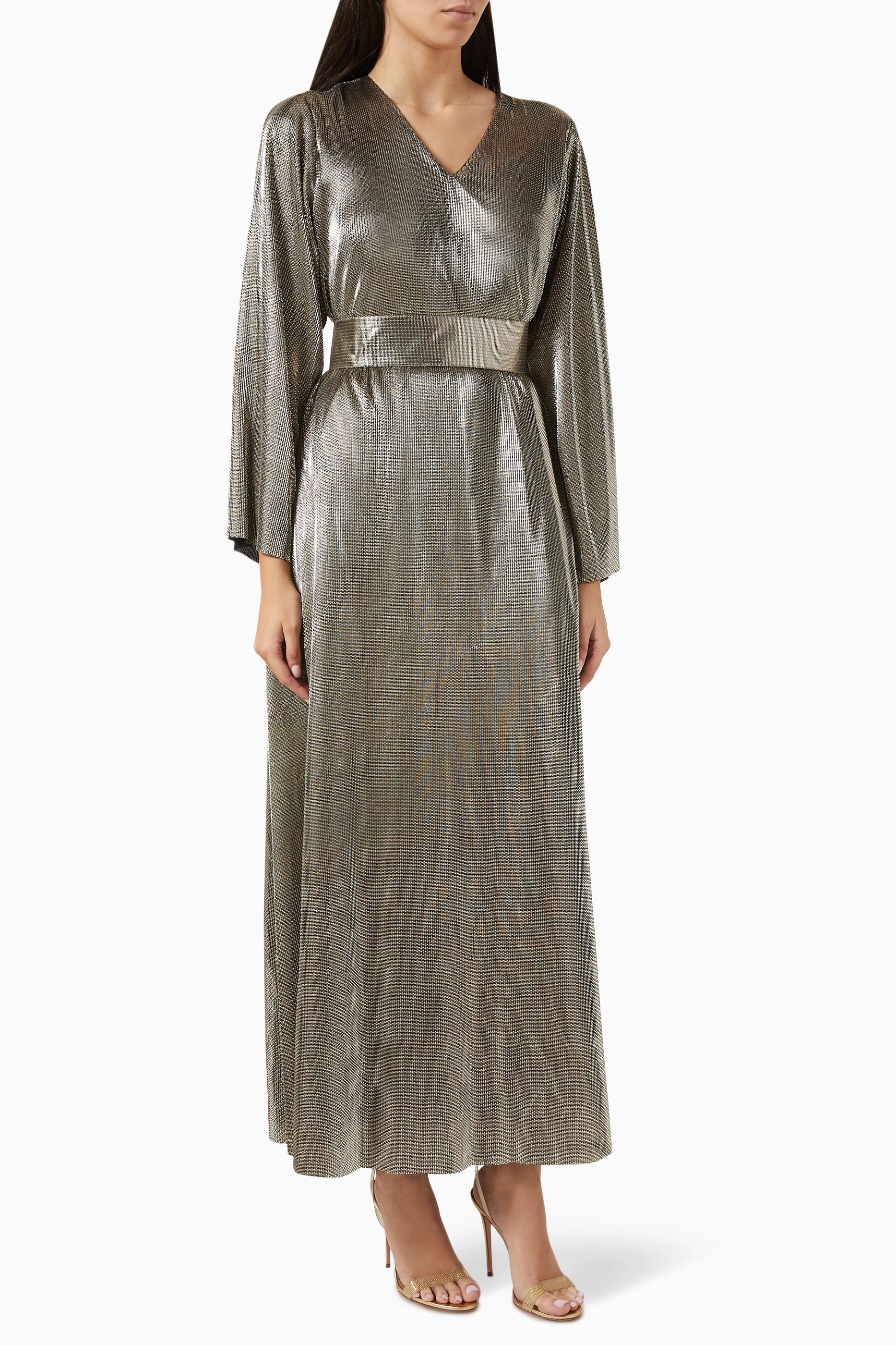 Buy DANEH Gold Belted Maxi Dress in Poly for Women in UAE Ounass