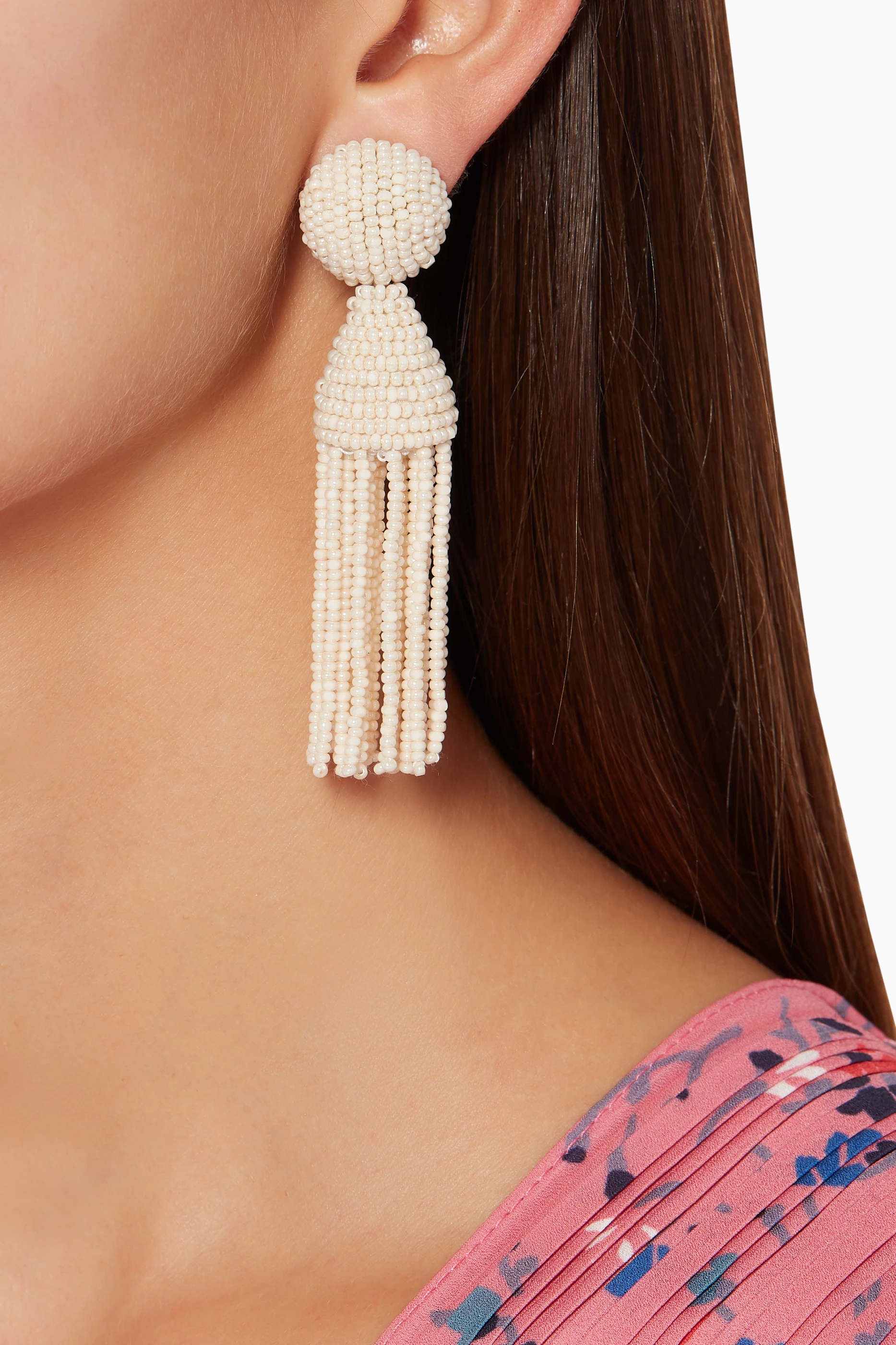 Buy Oscar de la Renta Neutral Off White Short Beaded Tassel C Earrings For Women Online Ounass UAE