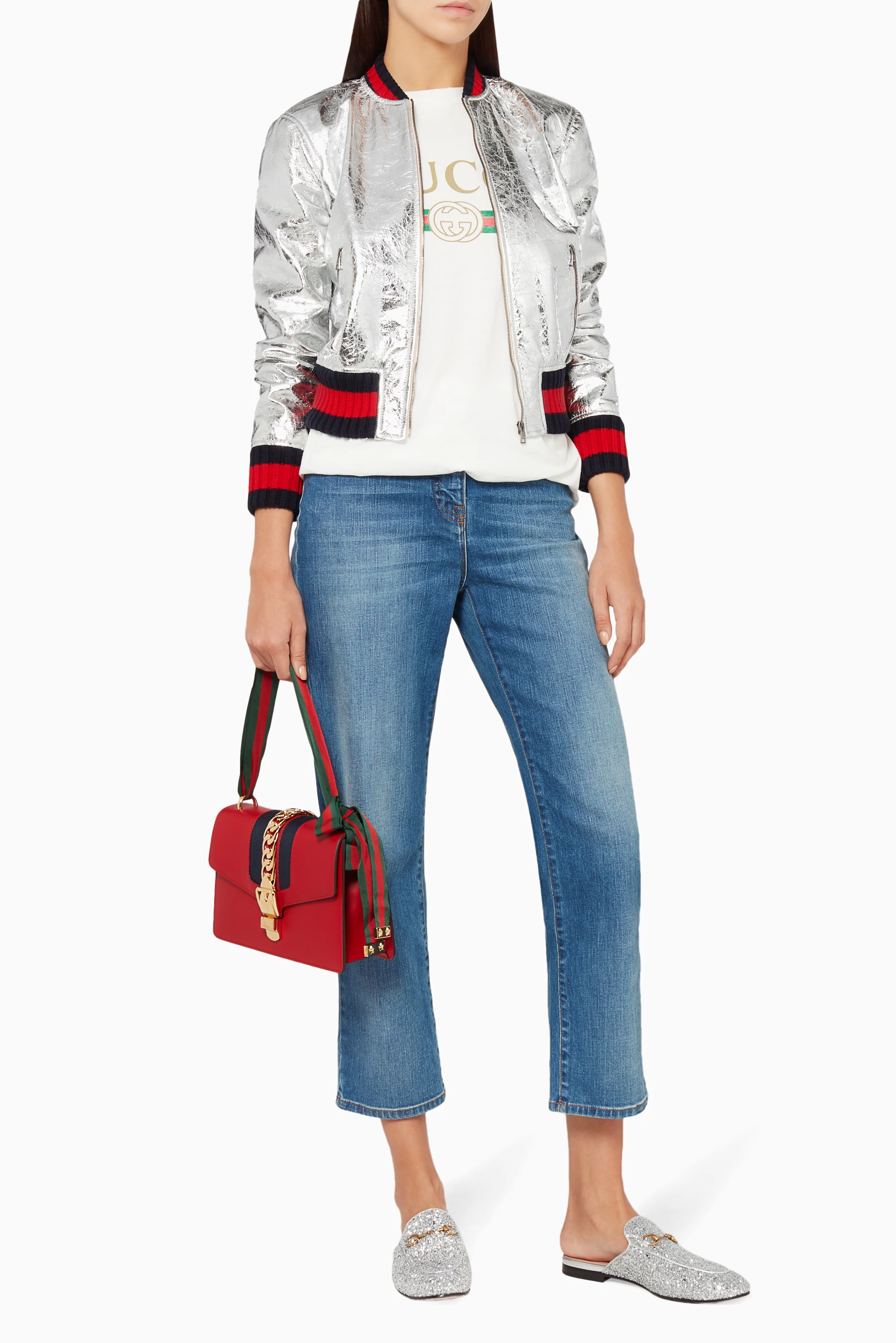 Gucci silver bomber jacket hotsell