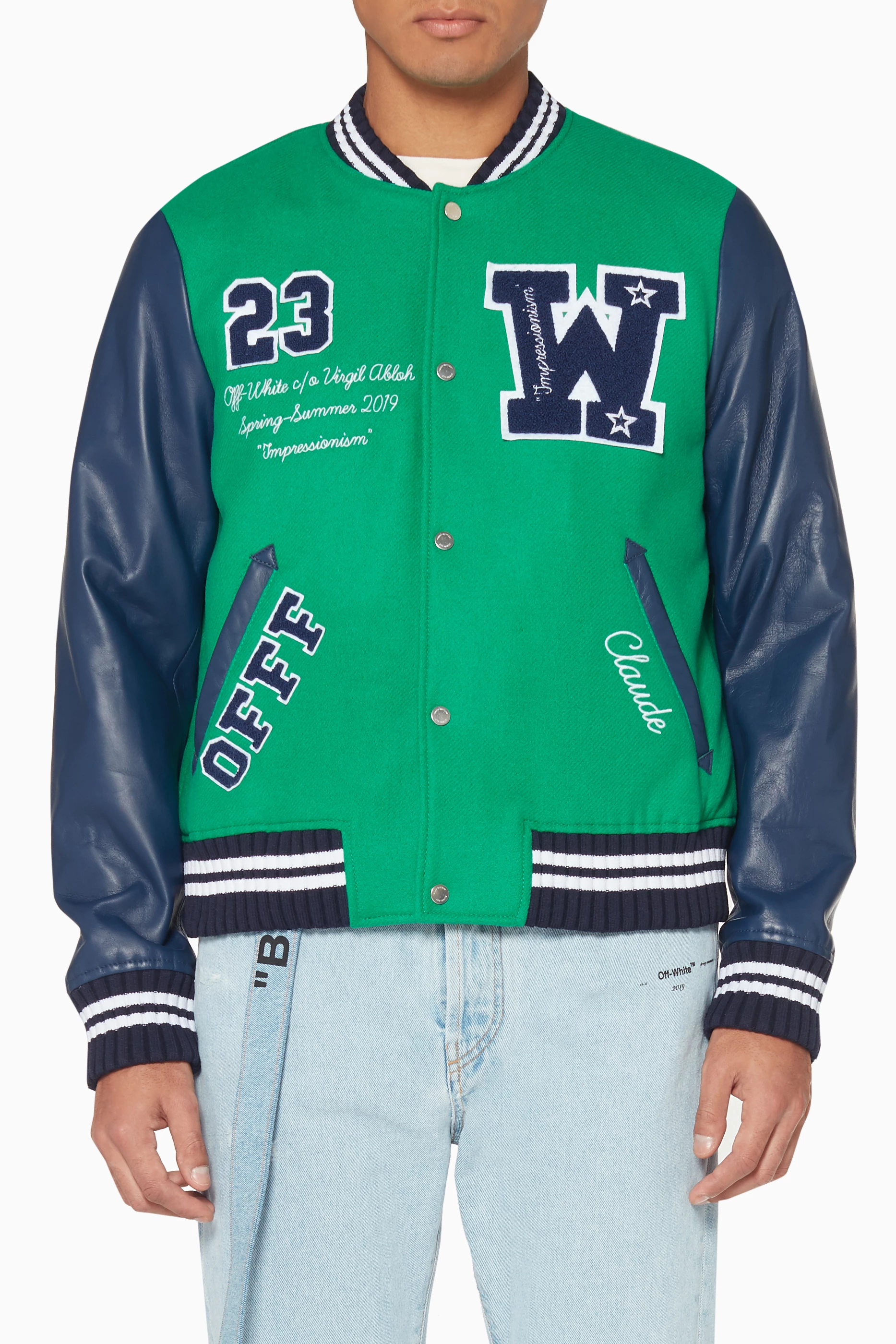 Buy Off-White Green Green Blue Varsity Jacket For Men Online