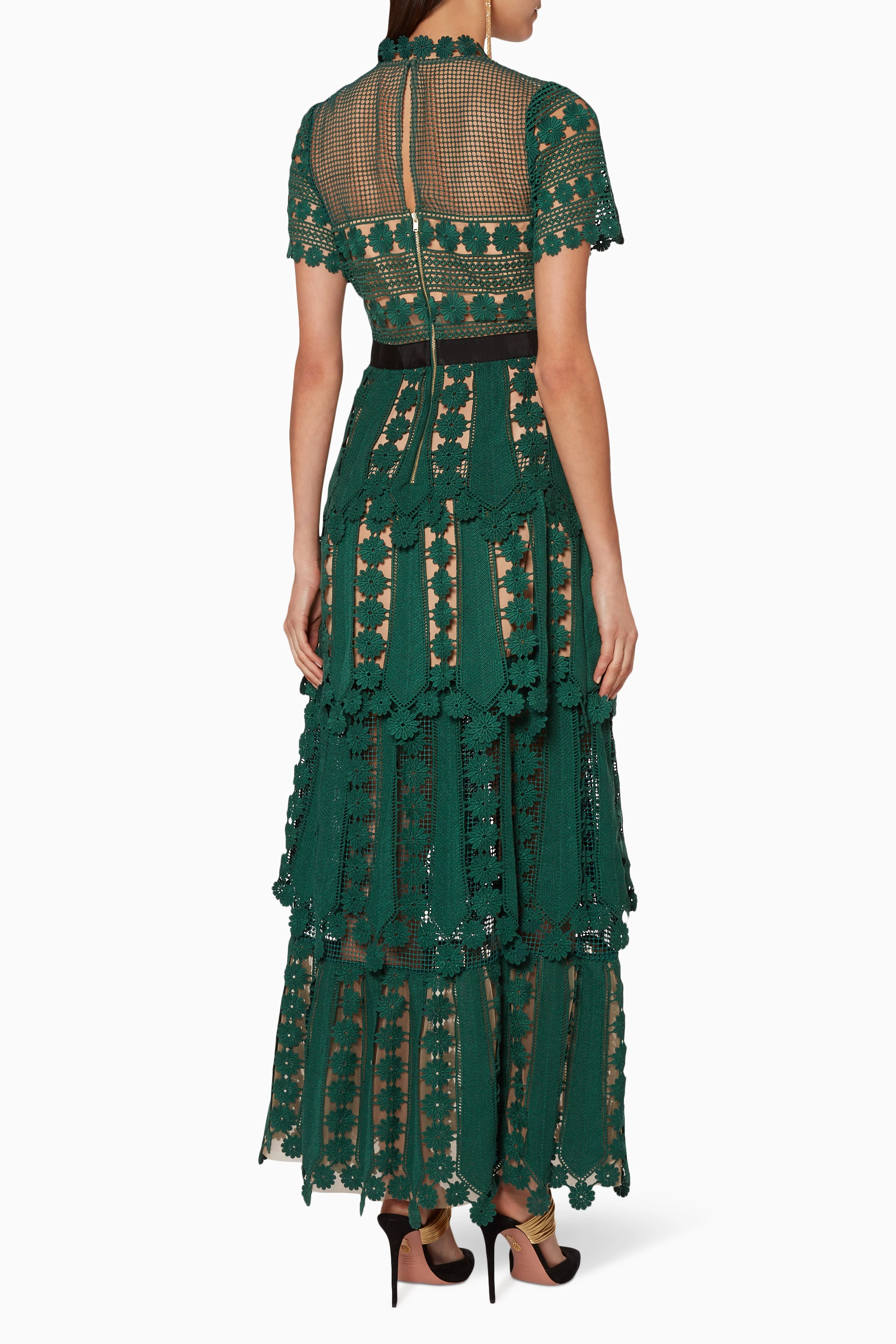 Buy Self-Portrait Green Dark-Green Teardrop-Lace Maxi Dress