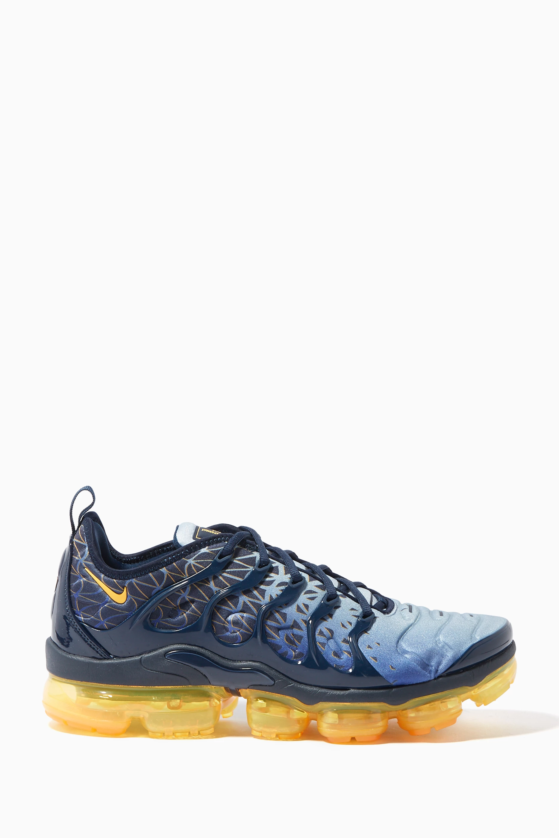 Nike blue and yellow air vapormax plus trainers on sale
