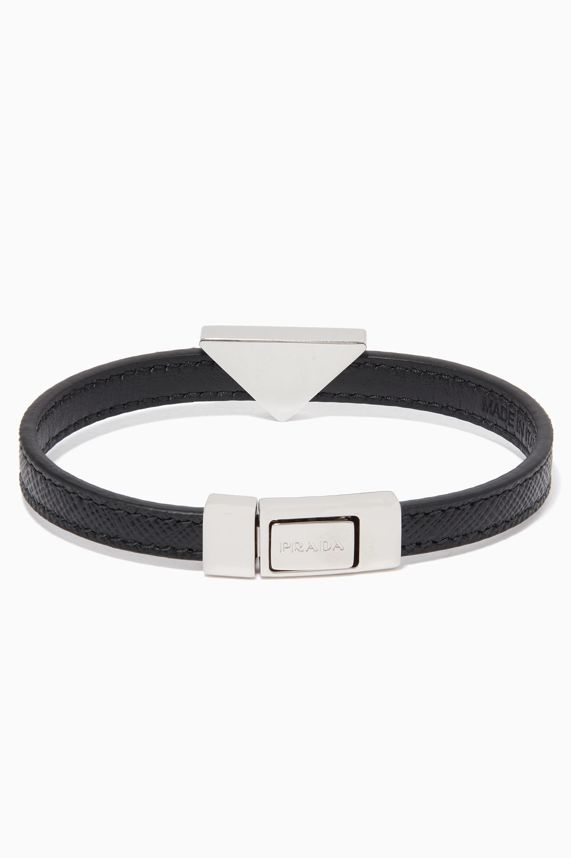 Buy Prada Black Triangle Logo Saffiano Leather Bracelet For