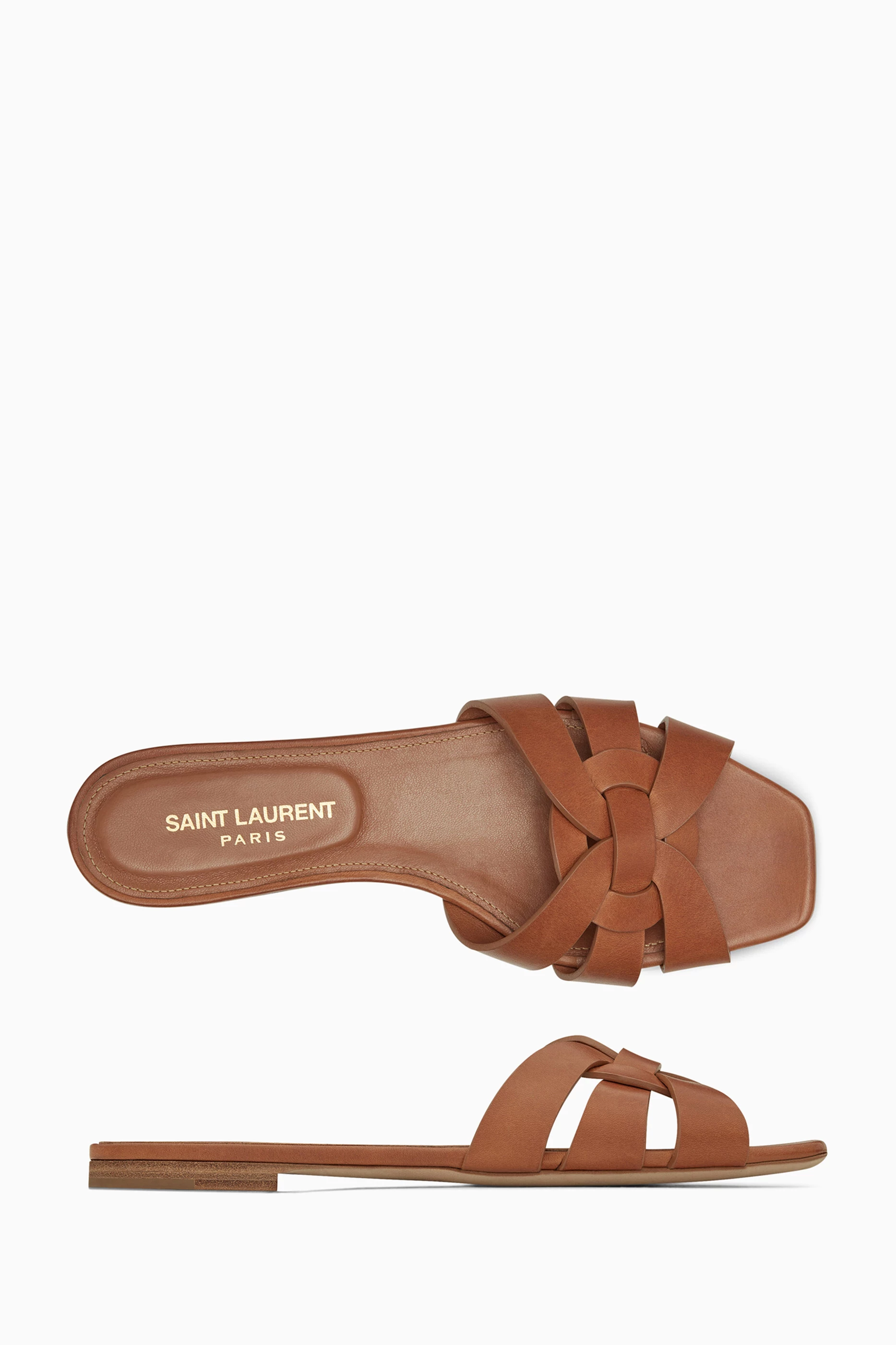 Buy SAINT LAURENT Brown Tribute Flat Sandals in Smooth Leather For Women Online Ounass UAE