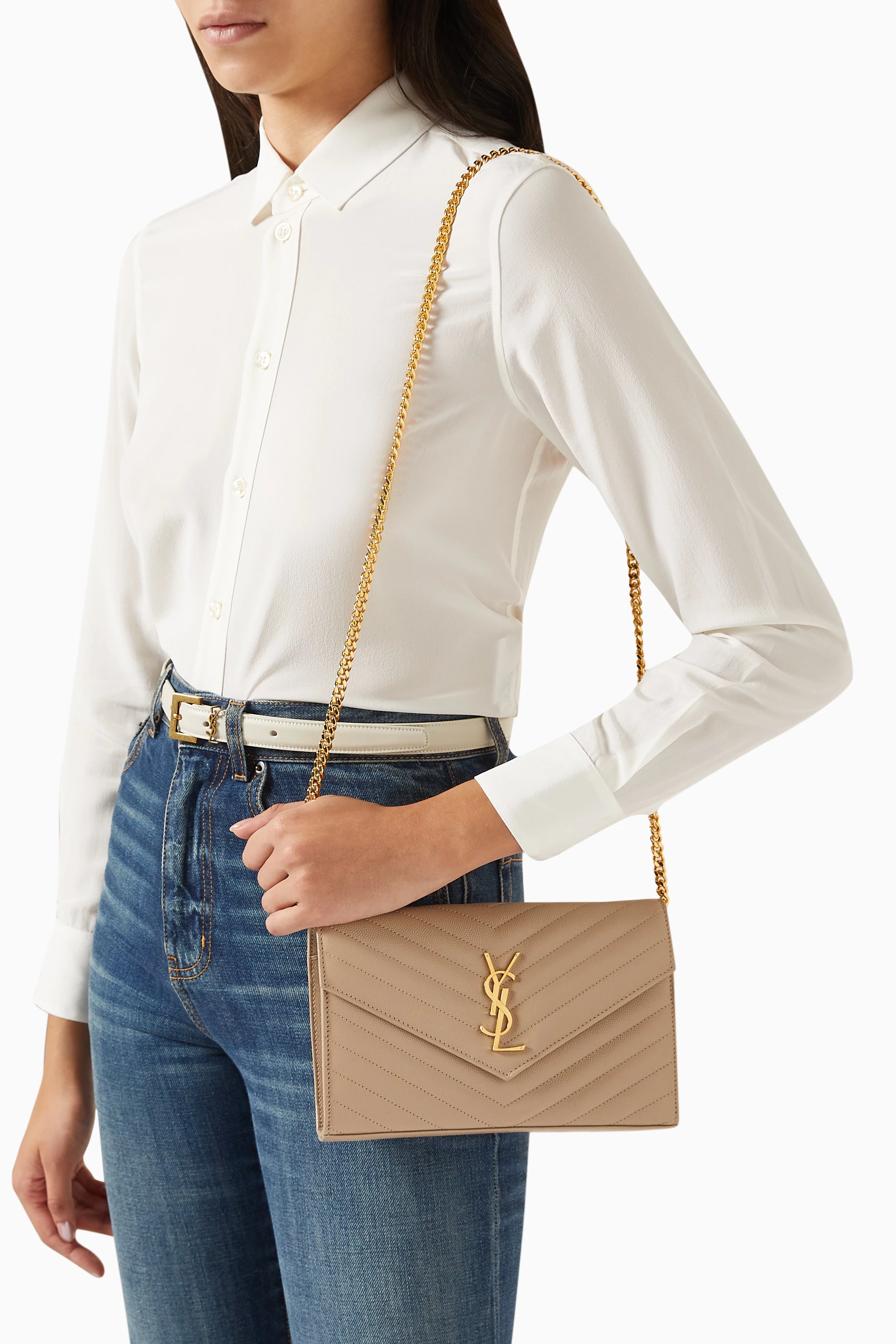 Ysl wallet on chain beige on sale
