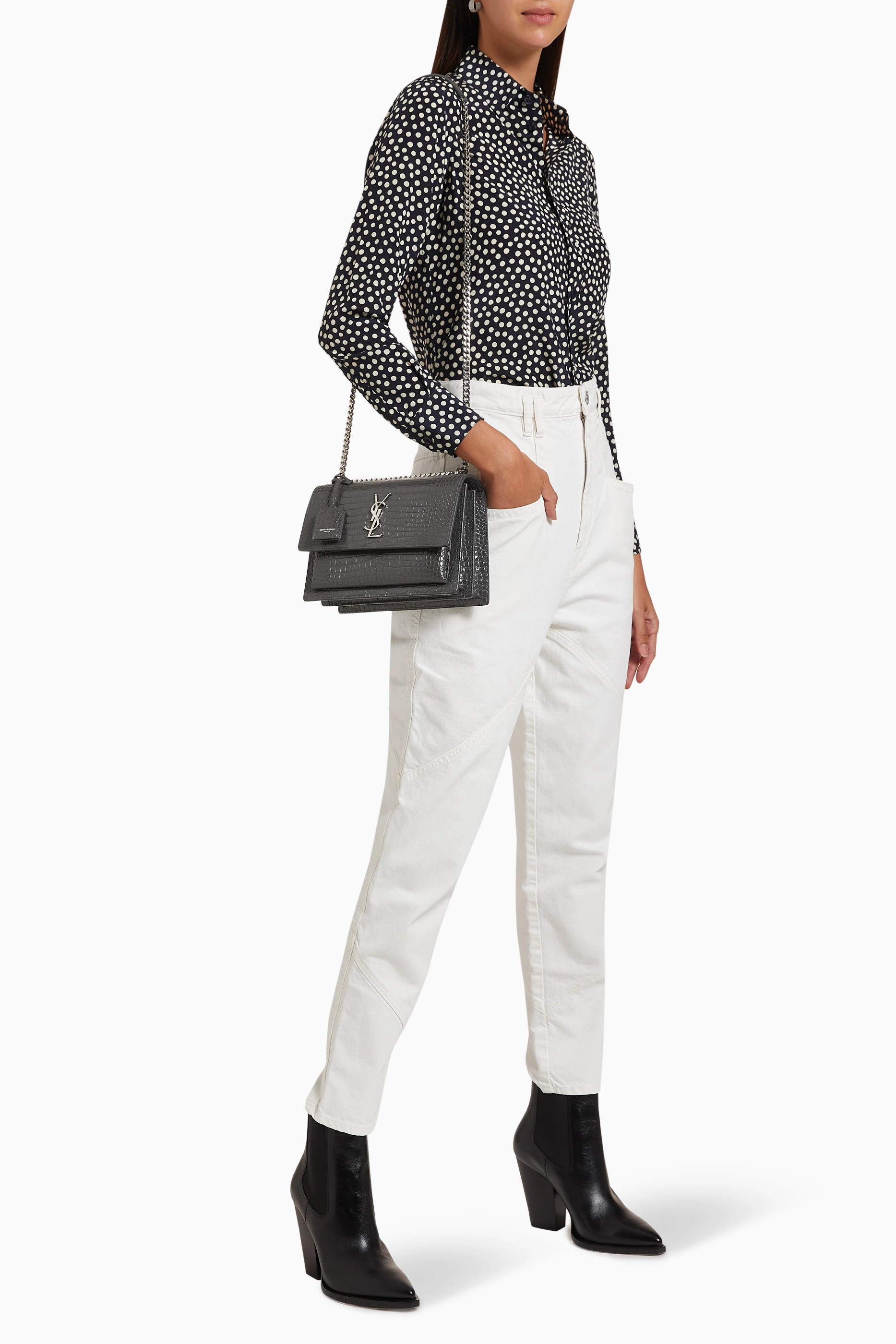 Buy SAINT LAURENT Grey Medium Sunset Bag in Crocodile Embossed Shiny Leather For Women Online Ounass UAE