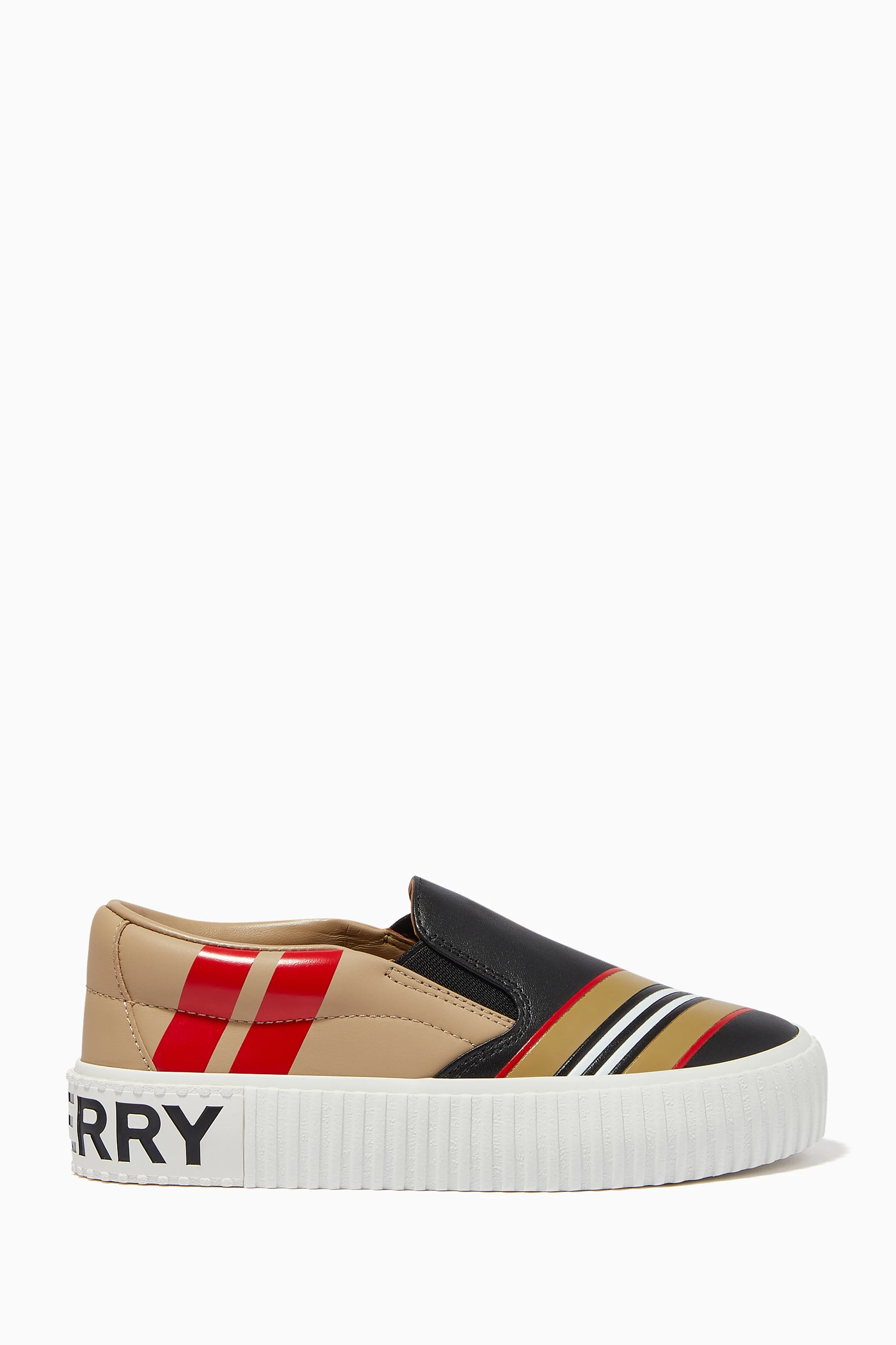 Buy Burberry Black Slip on Sneakers in Icon Stripe Leather For UNISEX Online Ounass UAE