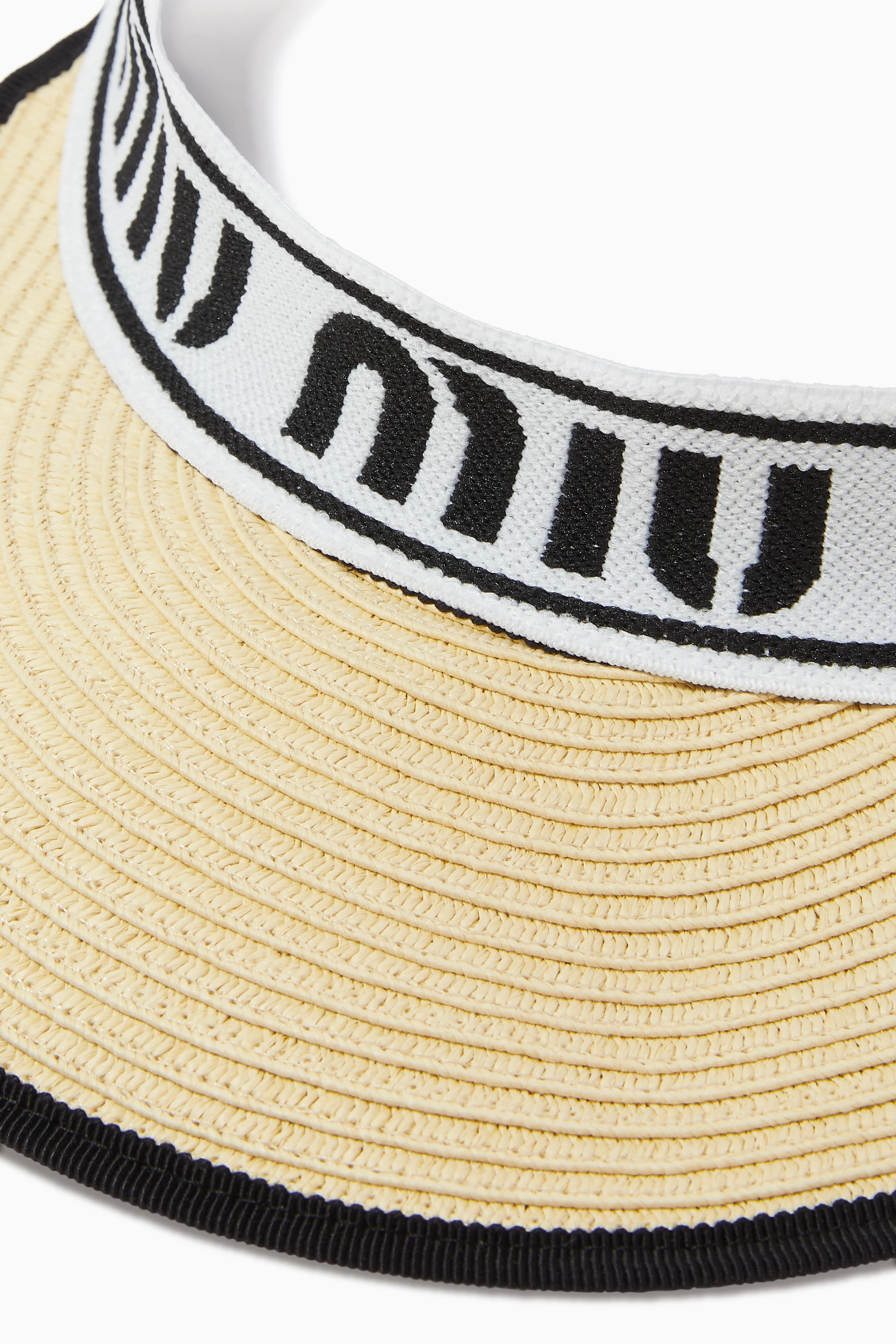 【MIU MIU】RAFFIA-EFFECT FABRIC VISOR Tan/white Raffia-effect Fabric Visor | Miu Miu