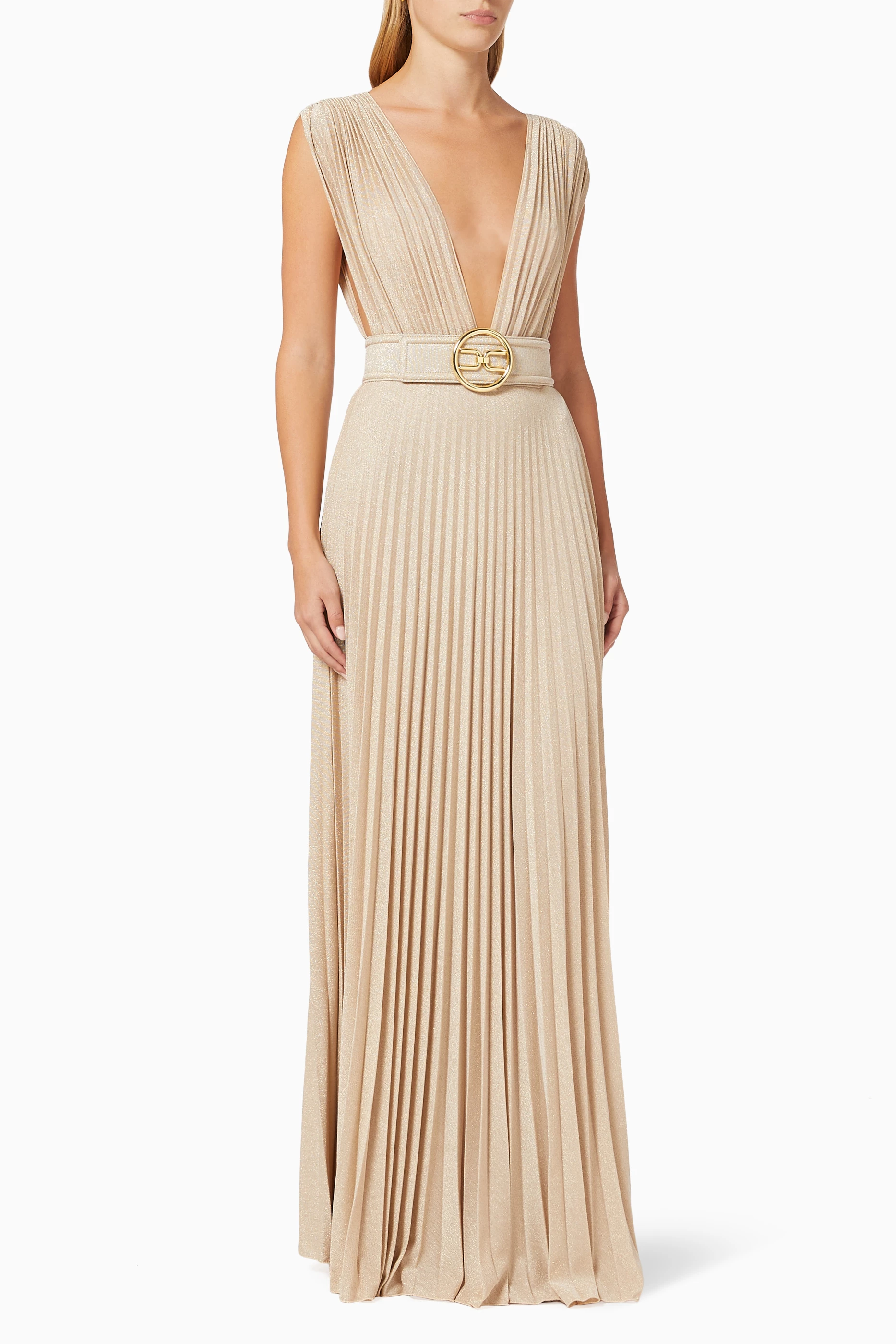 Buy Elisabetta Franchi Gold Pleated Dress in Lurex Jersey For Women Online Ounass UAE