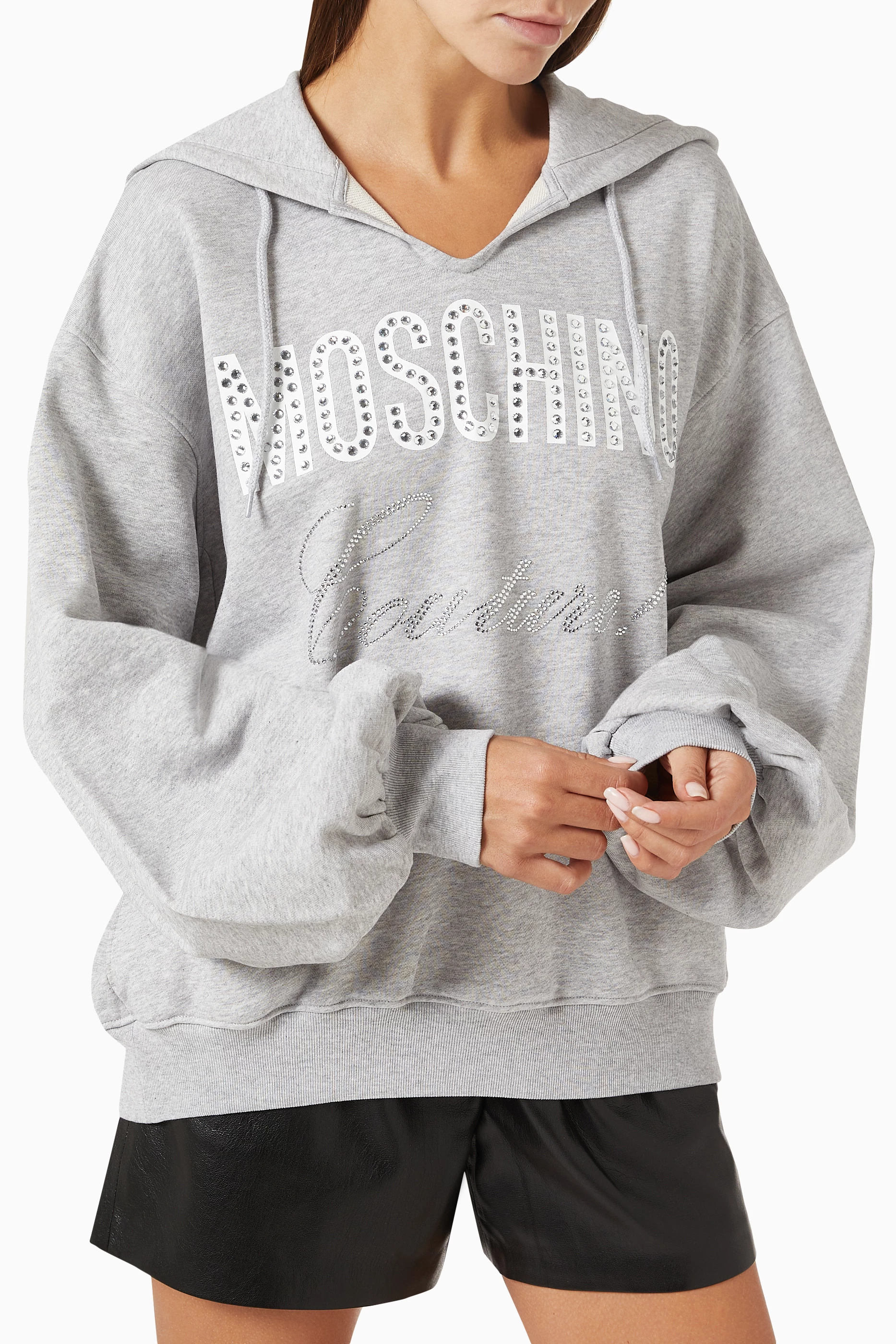 Buy Moschino Grey Crystal Logo Hoodie in Jersey For Women Online Ounass UAE