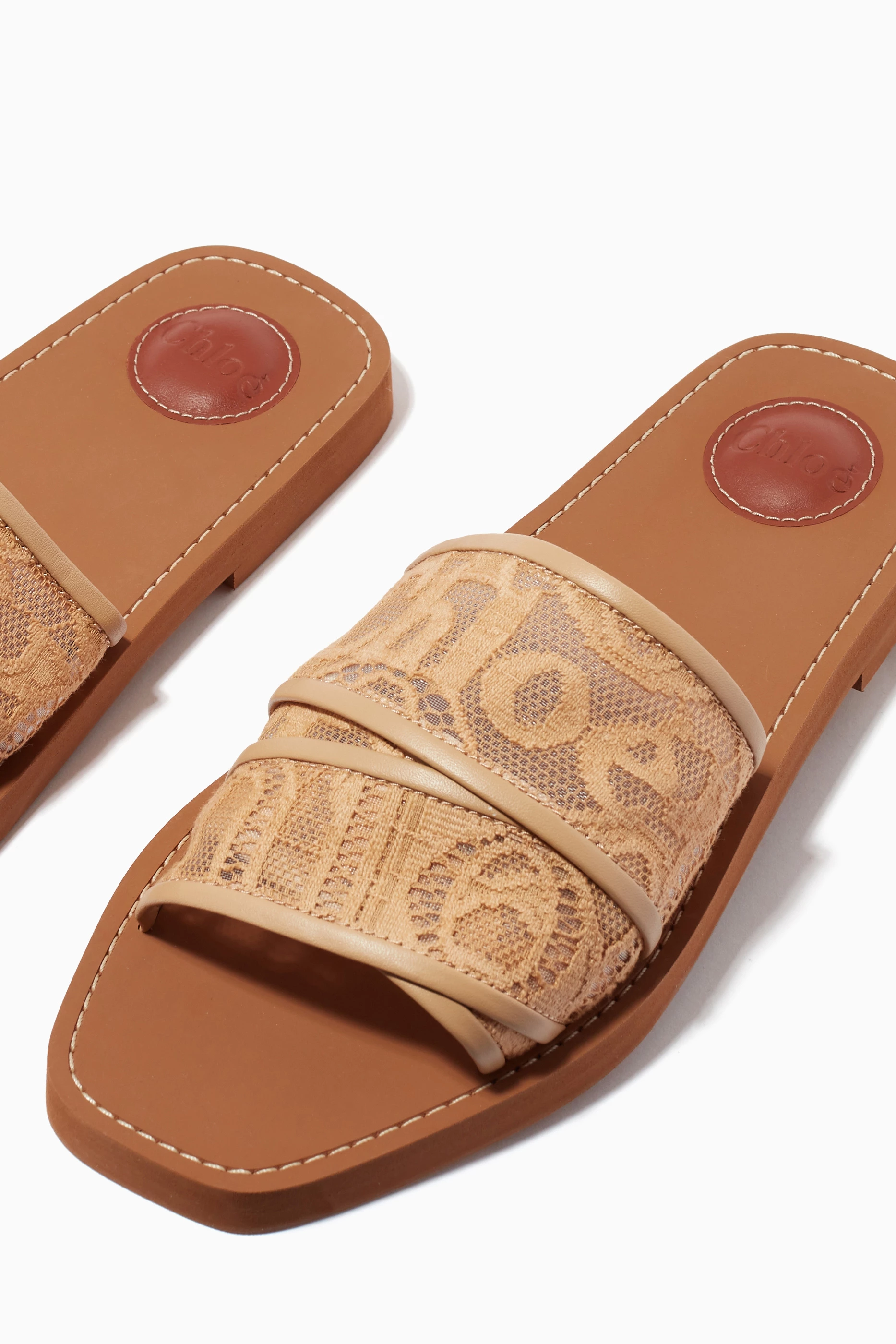 Buy Chloé Neutral Woody Flat Mule Sandals in Lace For Women Online