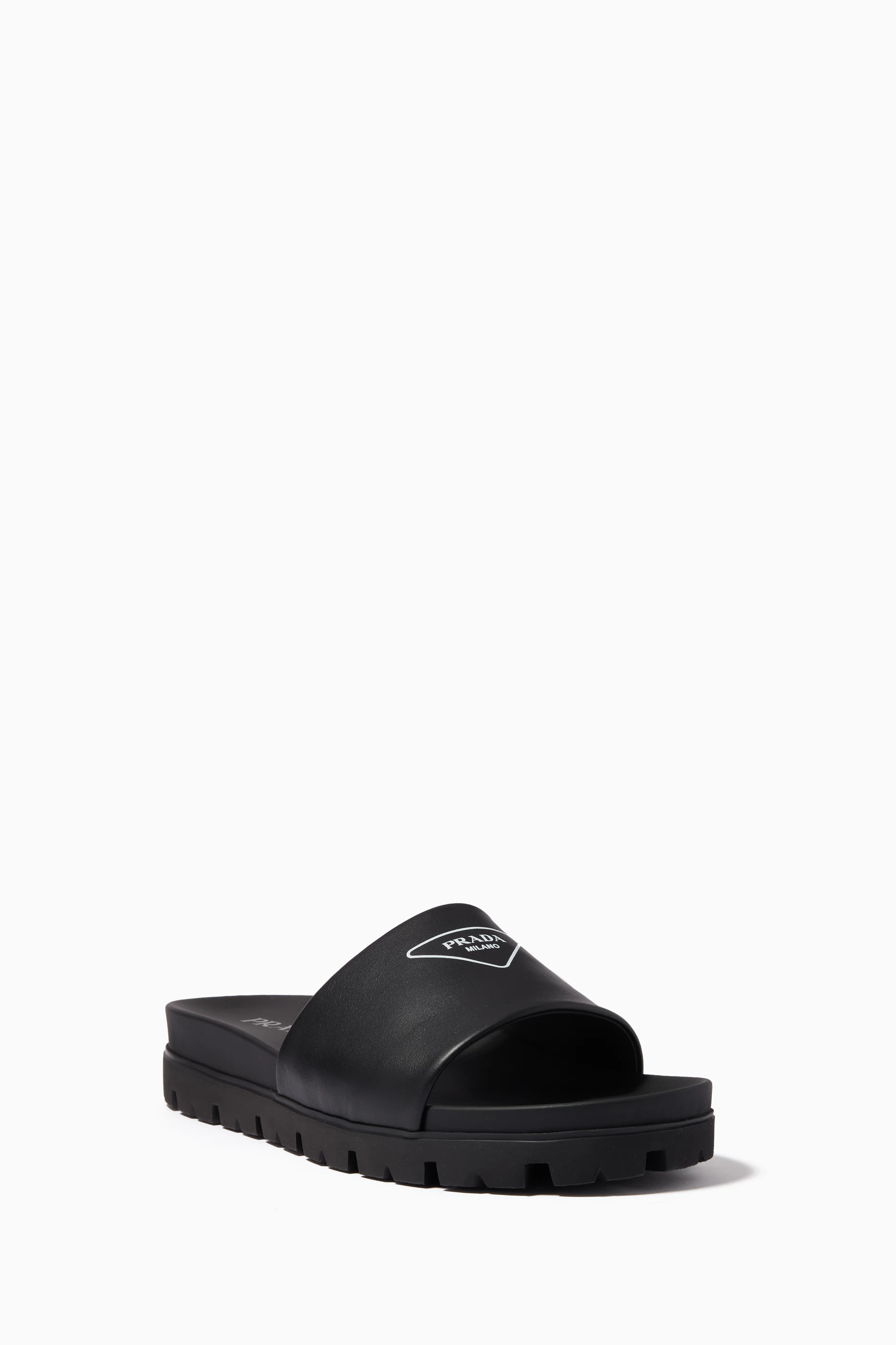 Buy Prada Black Logo Slides in Leather For Men Online Ounass UAE