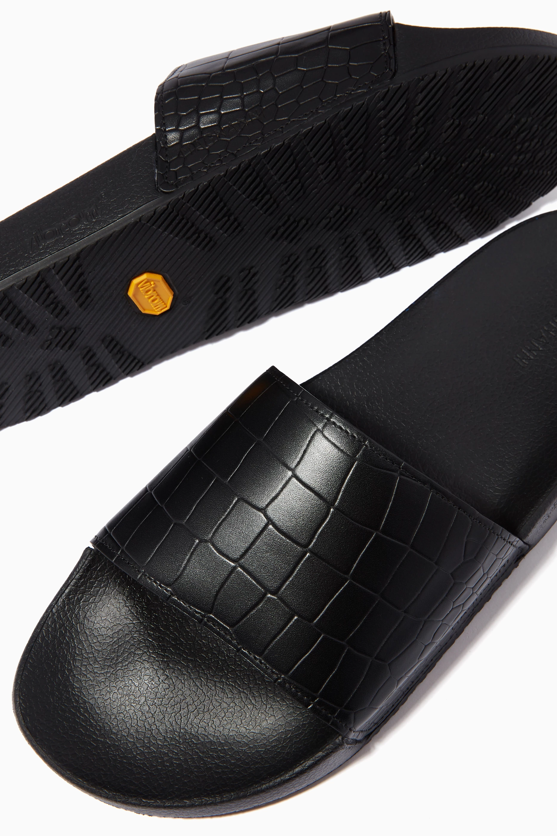 Buy Magnanni Black Slide Sandals in Croc-embossed Leather For Men