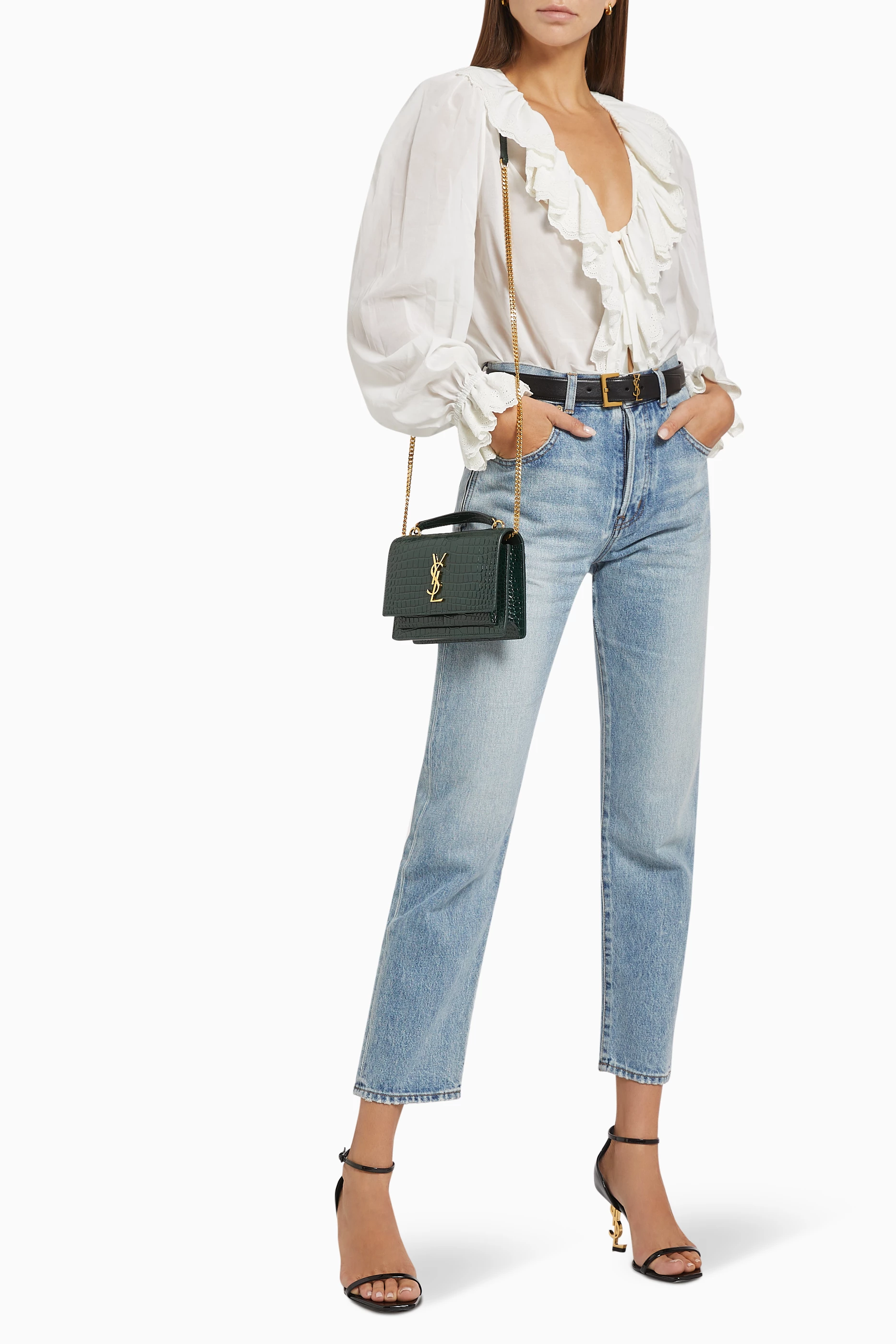 Buy SAINT LAURENT Green Sunset Chain Wallet in Croc embossed Shiny Leather For Women Online Ounass UAE