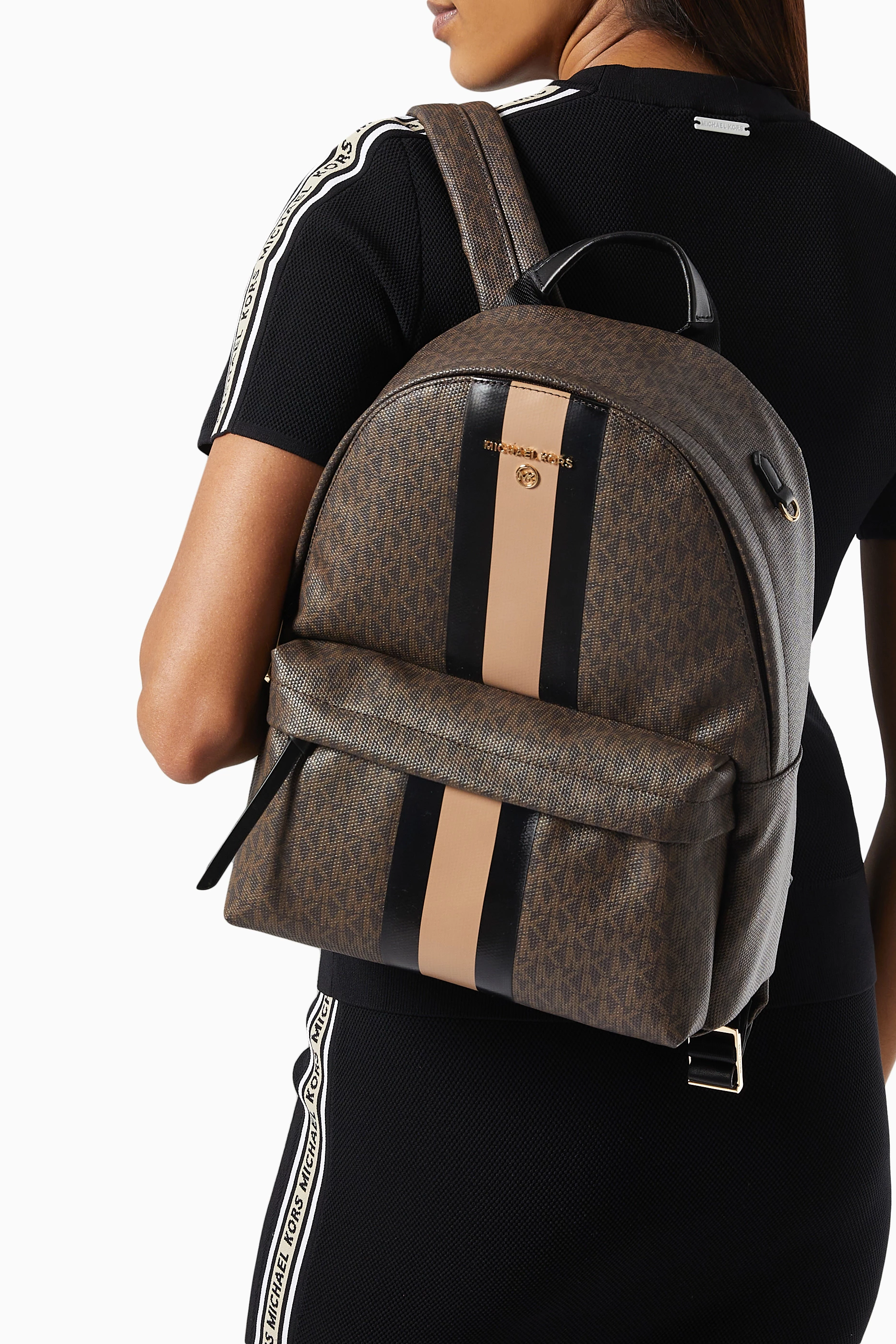 Buy Michael Kors Black Medium Slater Stripe Backpack in Logo 