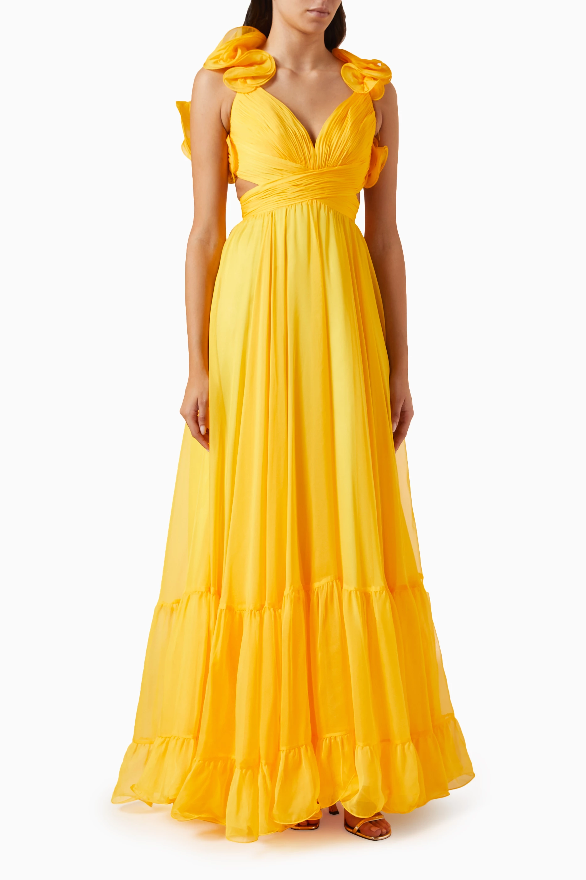 Buy Mac Duggal Yellow Ruffle Tiered Cut out Gown in Chiffon For Women Online Ounass UAE