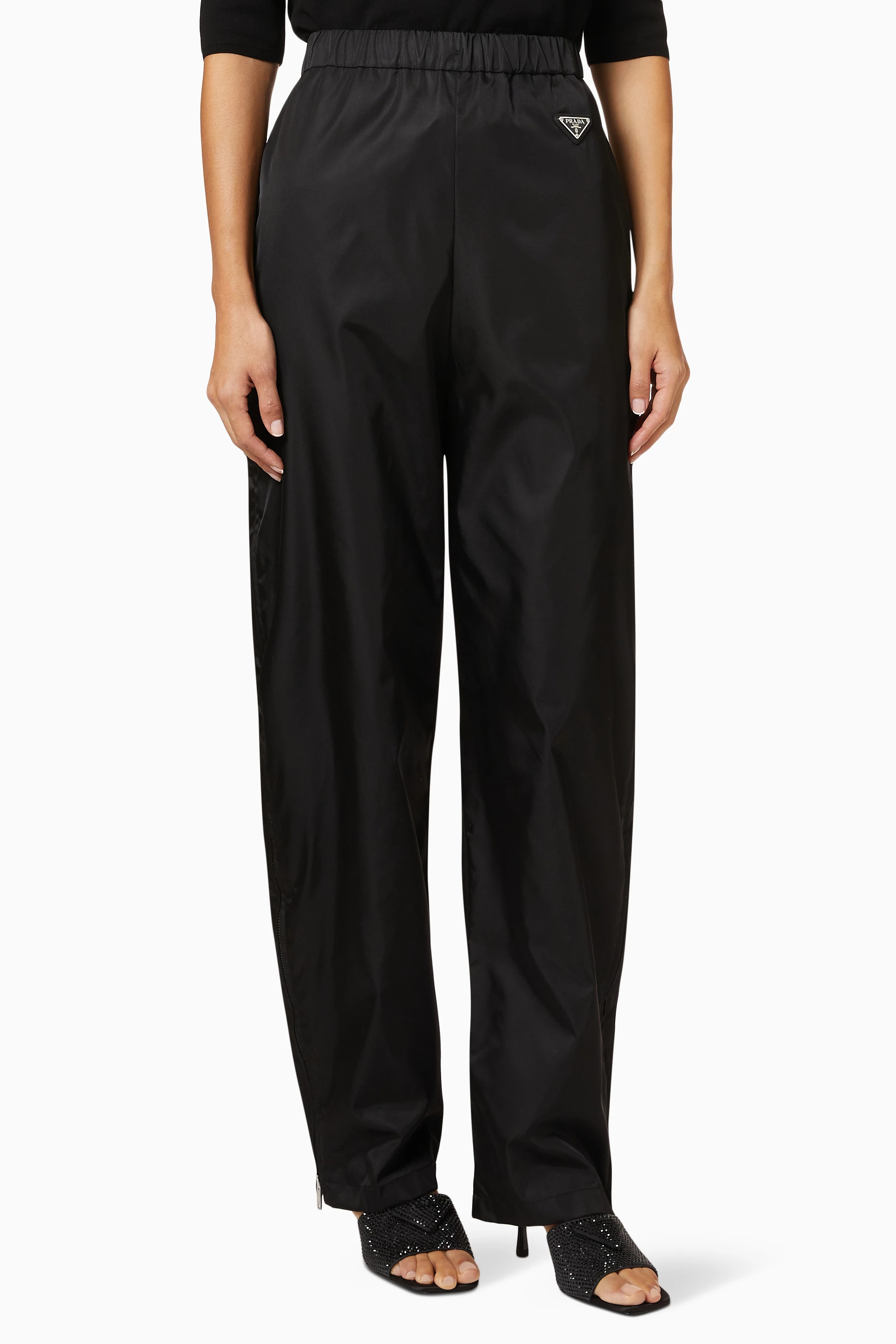 Buy Prada Black Triangle Logo Wide Pants in Re-Nylon Gabardine For 