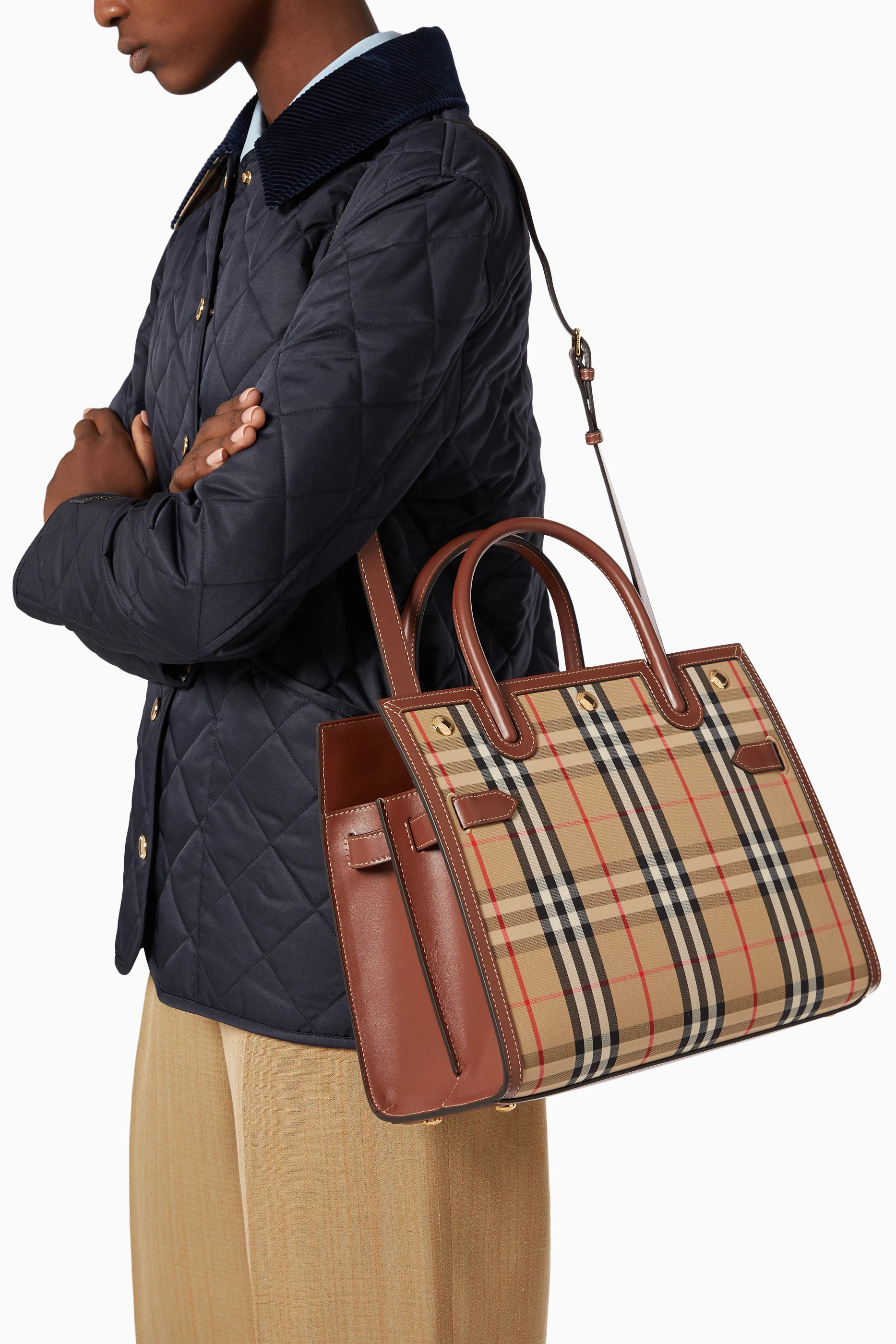 Buy Burberry Neutral Small Two handle Title Bag in Vintage Check Leather For Women Online Ounass UAE