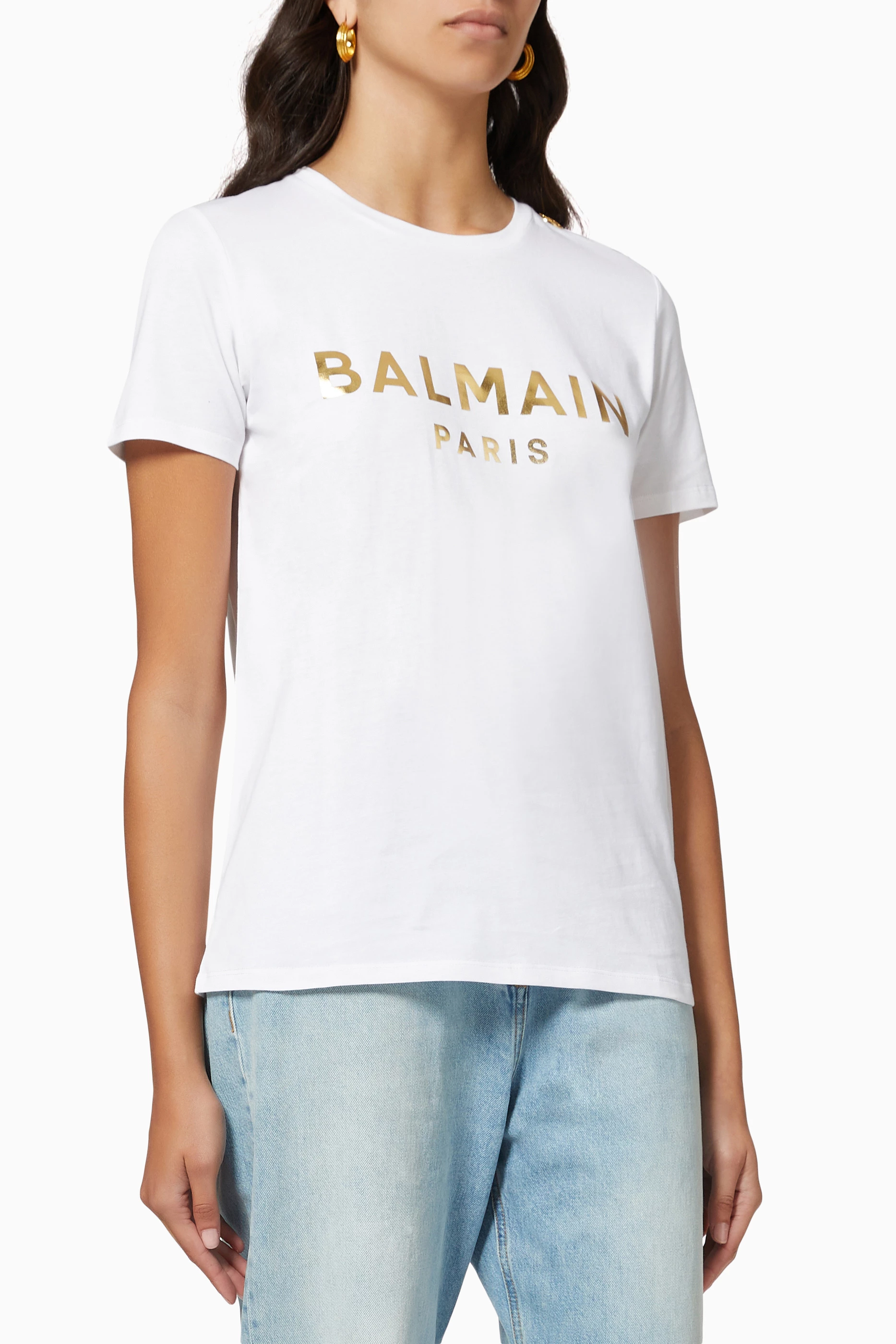 Buy Balmain White Balmain Button Details T shirt in Cotton Jersey For Women Online Ounass UAE