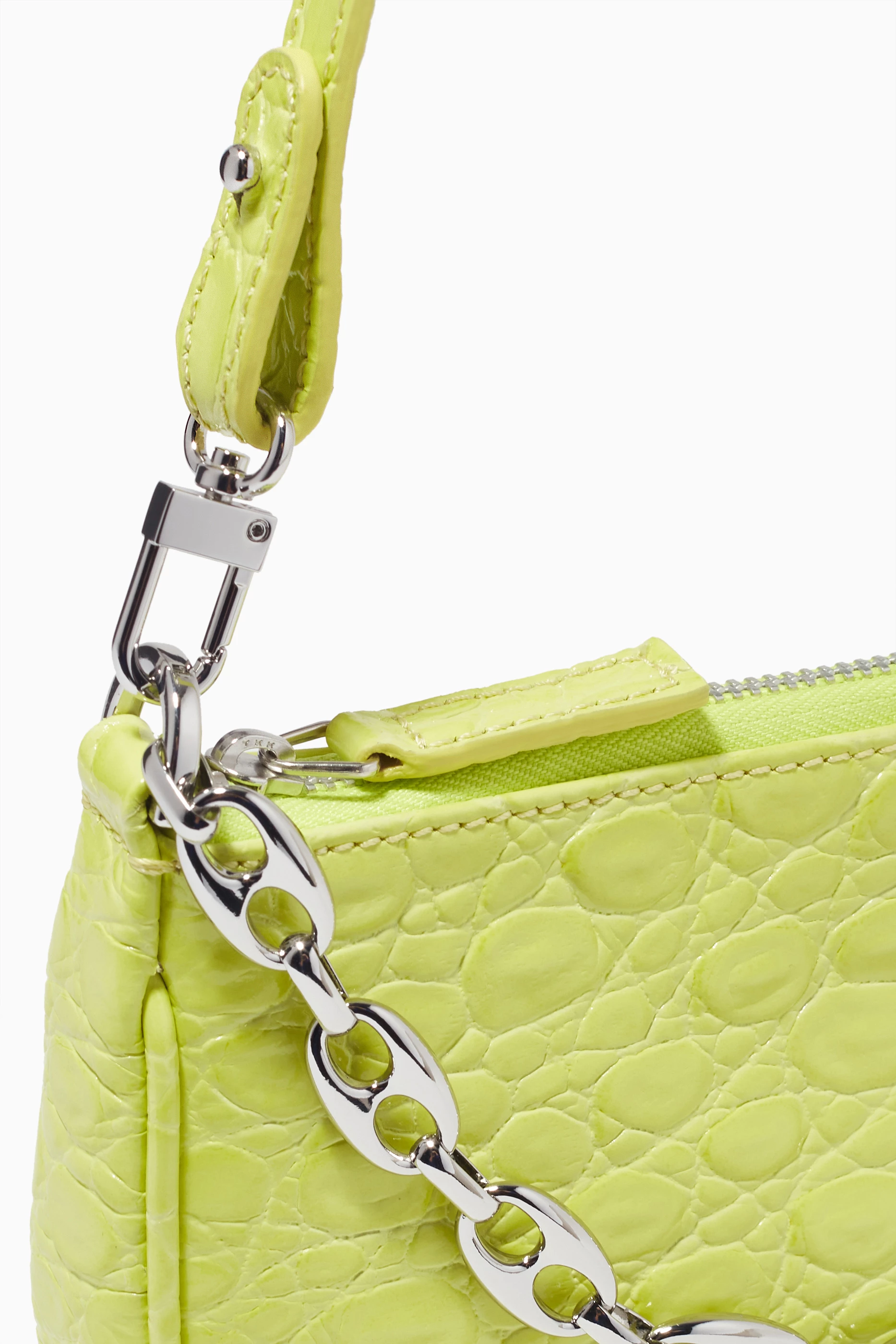 Buy BY FAR Yellow Mini Rachel Shoulder Bag with Chain in Crocodile