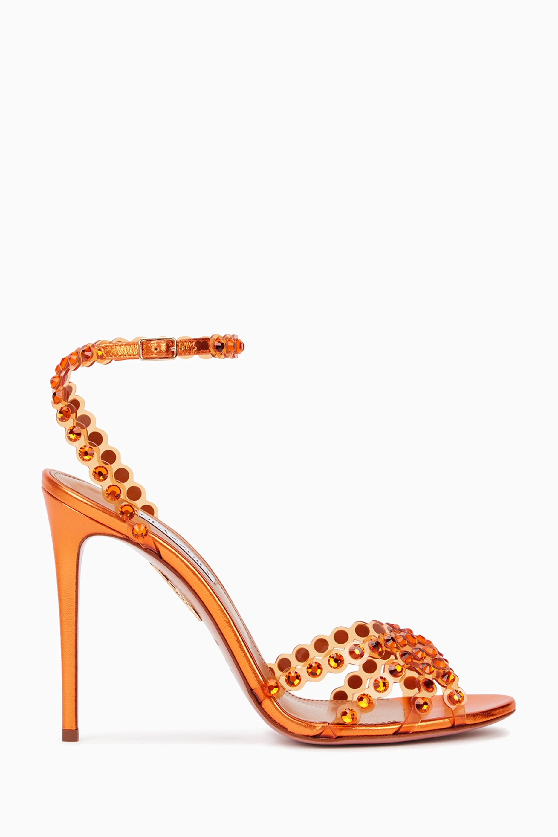 Buy Aquazzura Orange Tequila Heel Sandals in Plexi Leather For