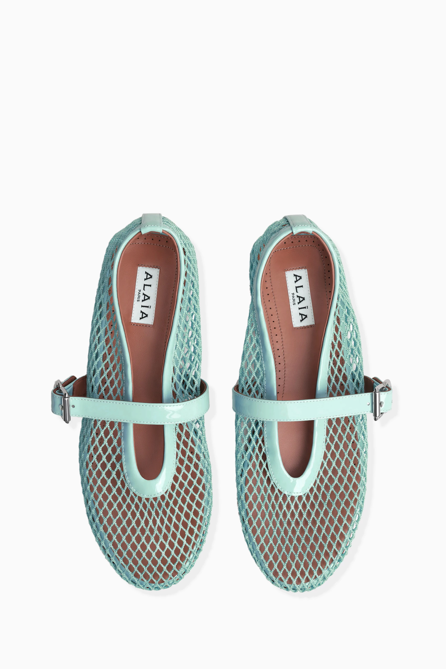 Buy Alaïa Blue Fishnet Ballet Flats in Mesh Patent Leather For