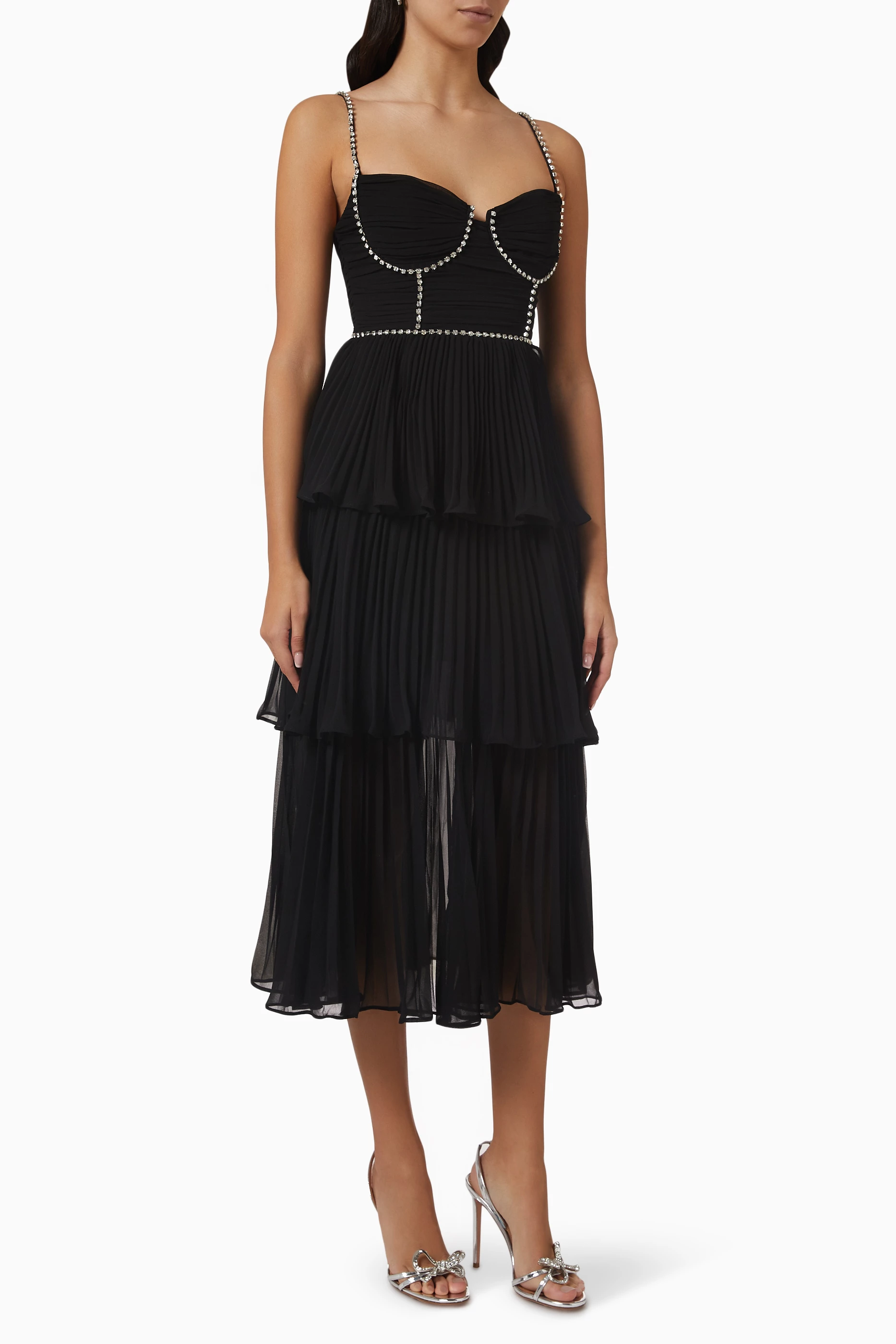 Buy Self-Portrait Black Tiered Midi Dress in Chiffon For Women Online |  Ounass UAE