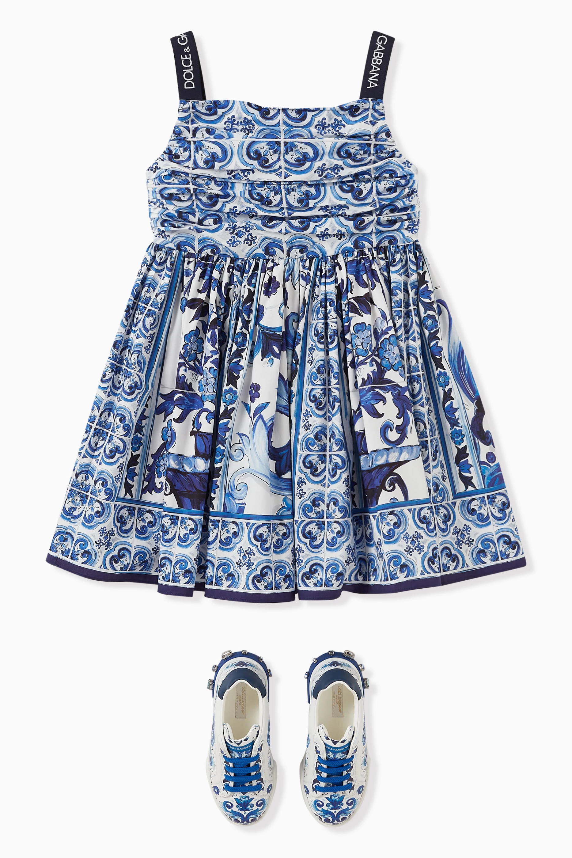 Buy Dolce & Gabbana Blue Majolica Print Dress in Cotton Poplin For