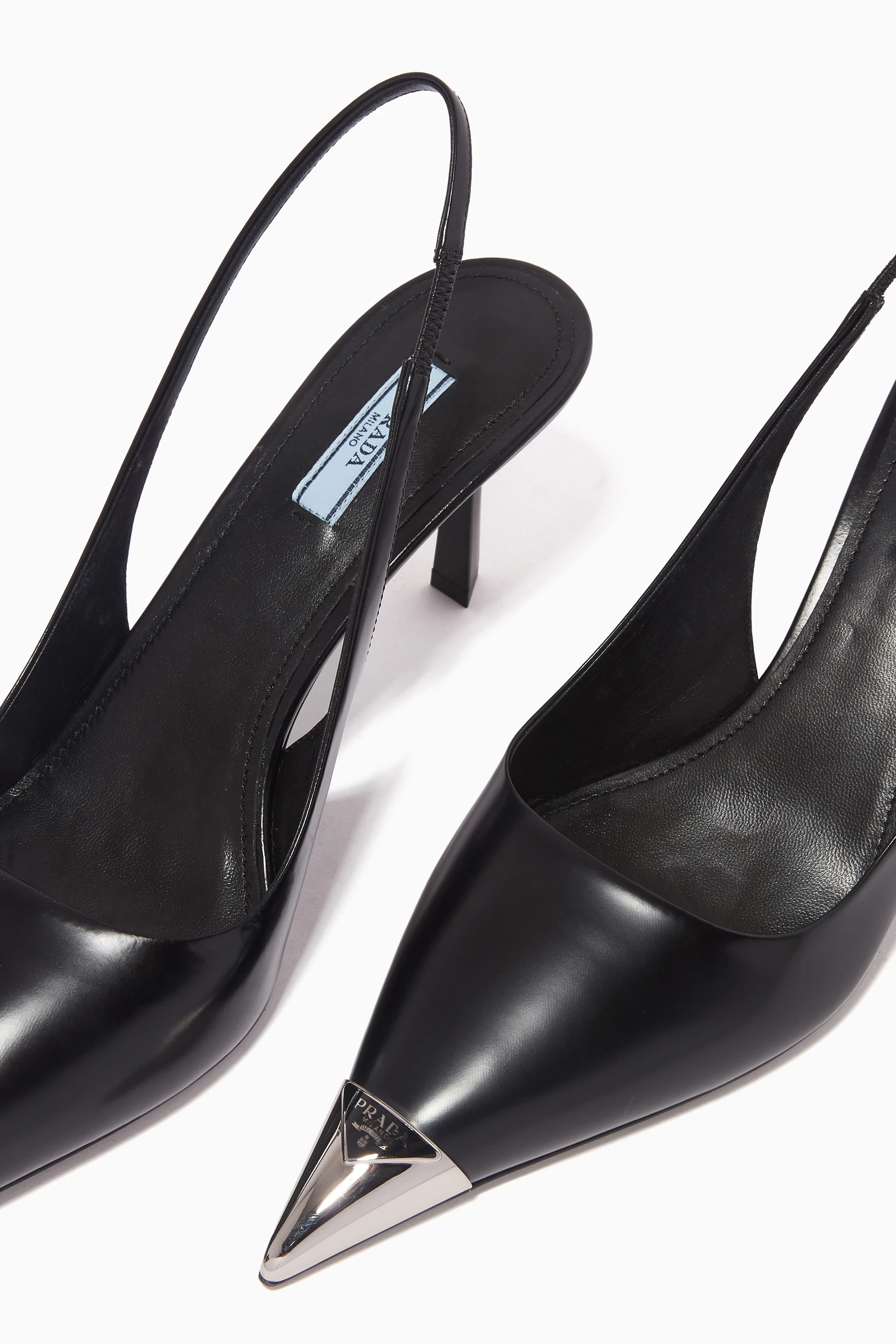 【S】PRADA leather strap heels Buy Prada Black Metal Triangle Logo Slingback 75 Pumps in