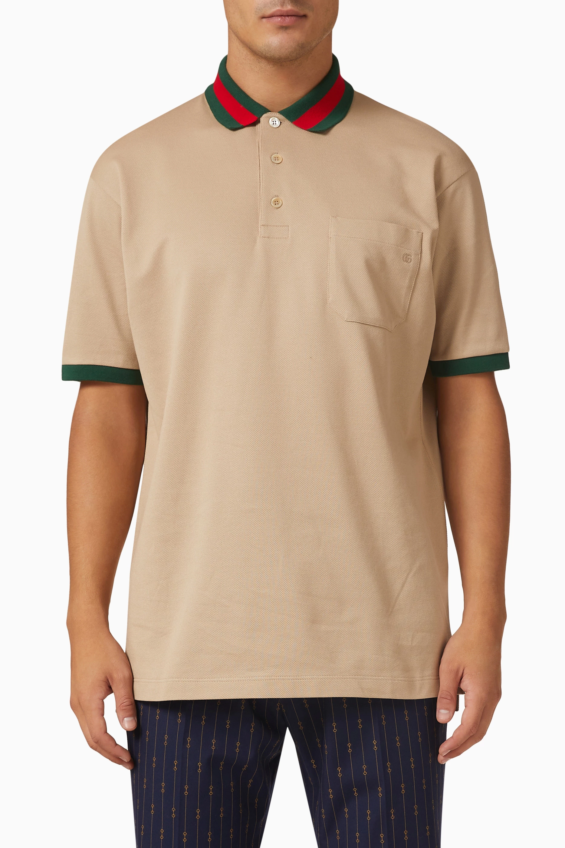 Buy Gucci Neutral Web Collar Polo Shirt in Stretch Cotton Piquet For Men Online Ounass UAE