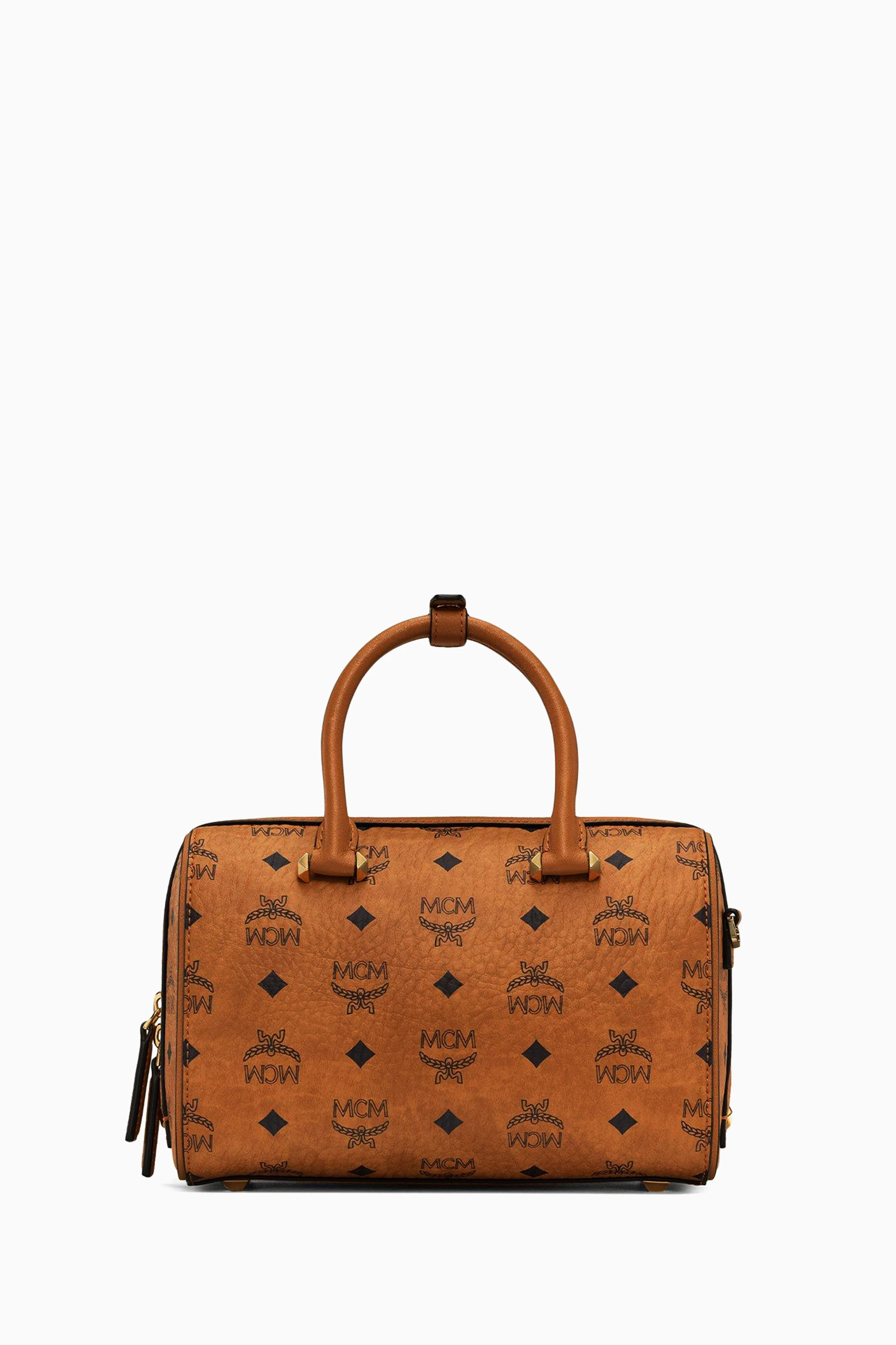 Buy MCM Brown Small Boston Bag in Visetos Coated Canvas For Women