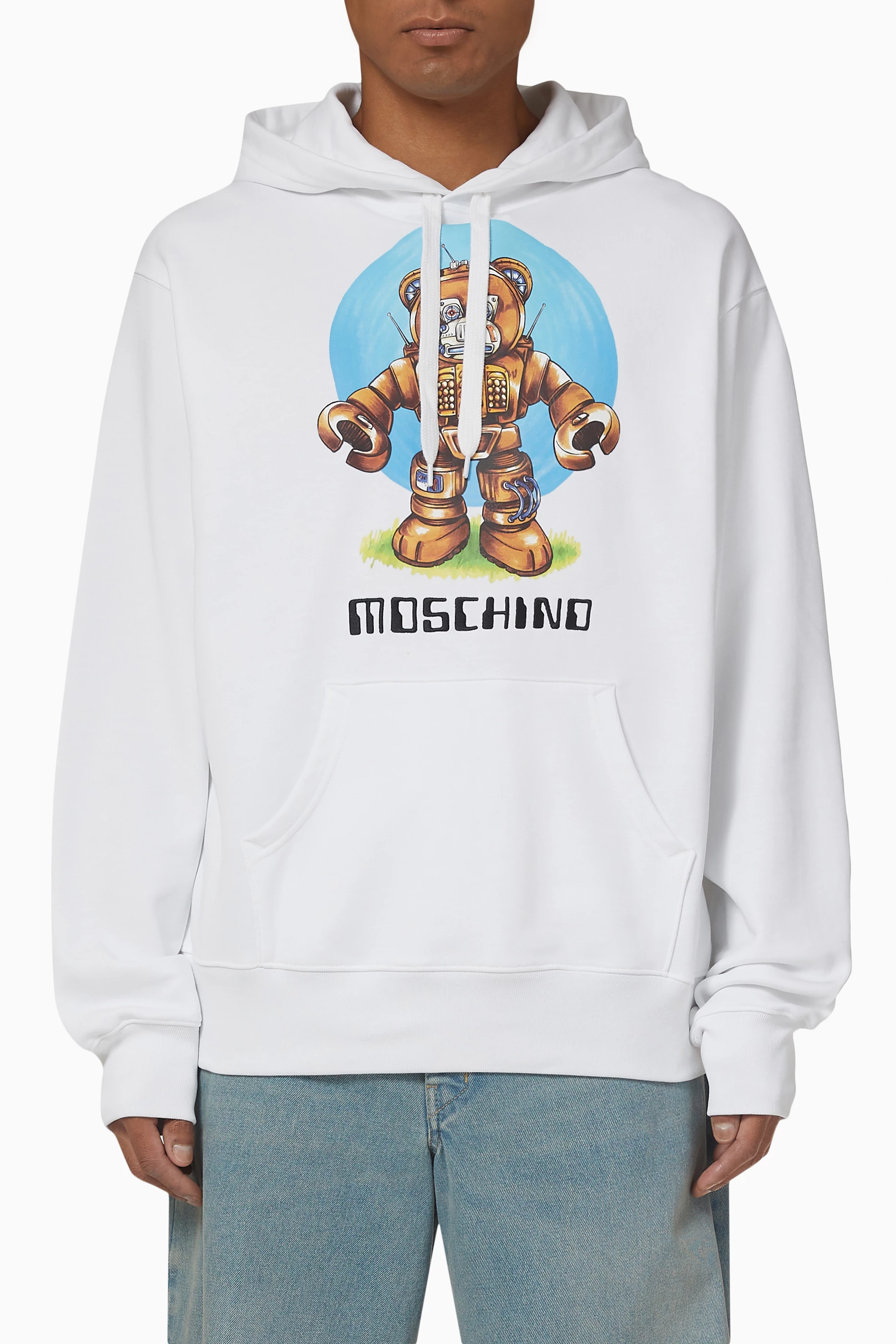 Buy Moschino White Robot Bear Hoodie in Fleece For Men Online Ounass UAE