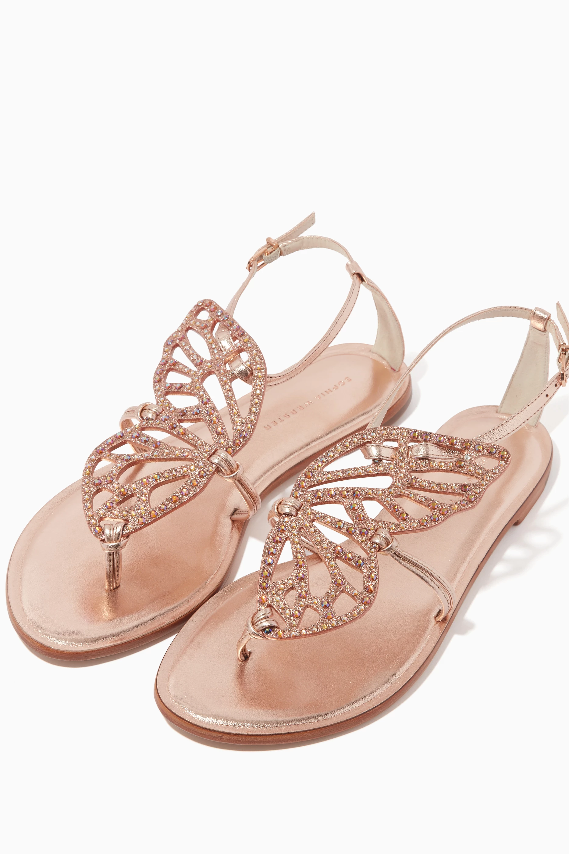 Buy Sophia Webster Gold Butterfly Crystal embellished Flat Sandals in Metallic Leather For Women Online Ounass UAE