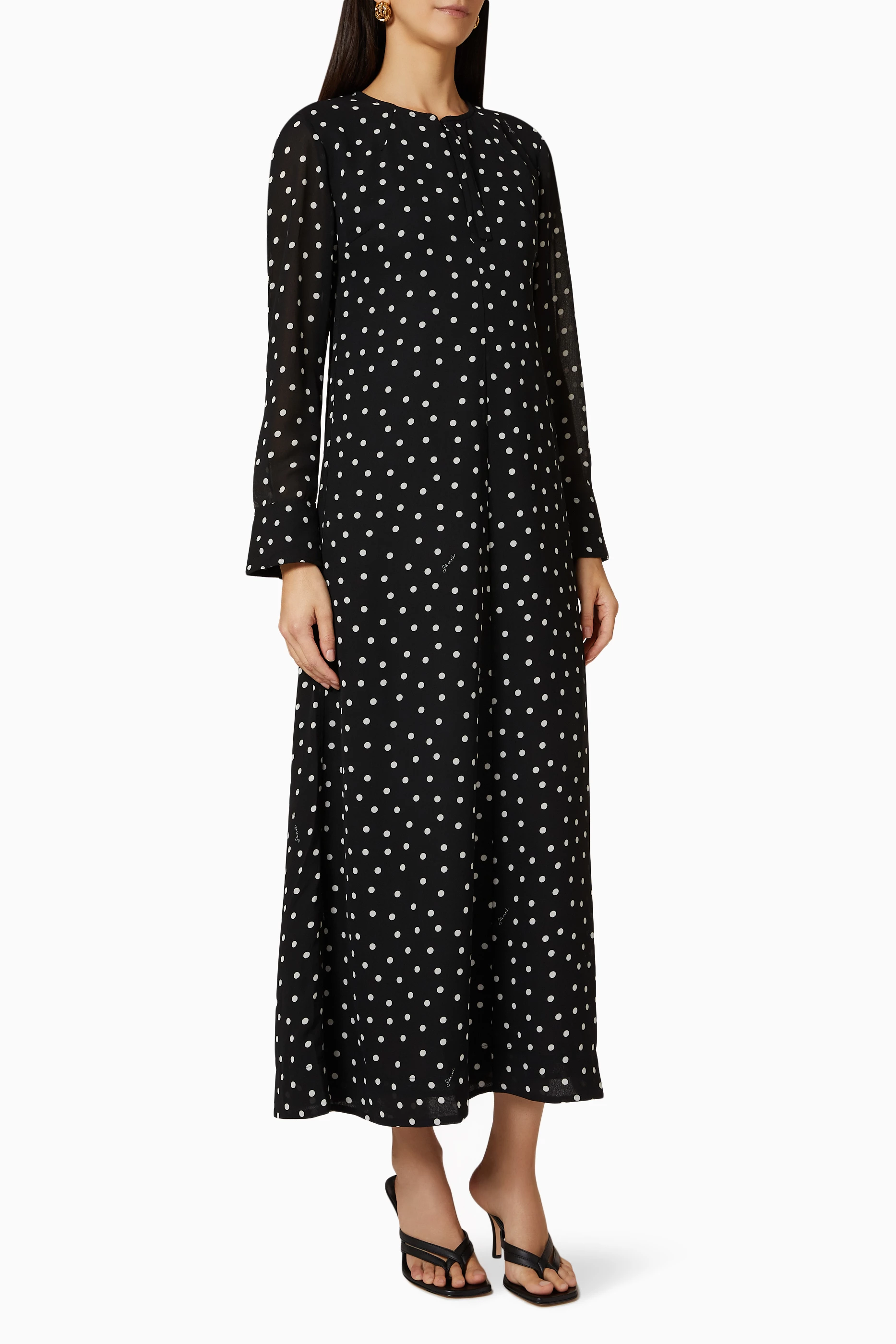 ganni polka dot maxi dress GANNI Flared Polka-Dot Satin Maxi Dress