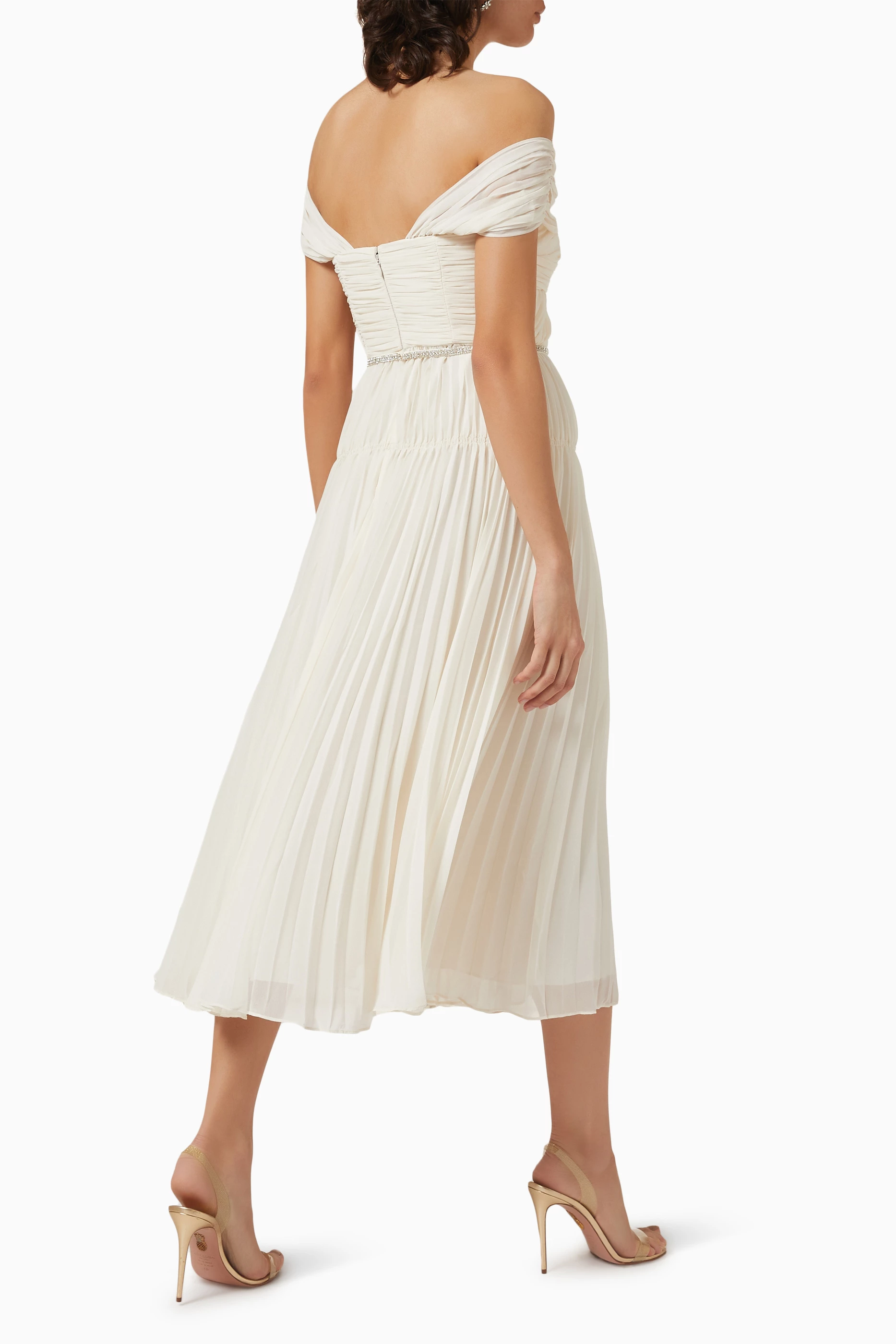 Buy Self Portrait Neutral Pleated Midi Dress in Chiffon For Women Online Ounass UAE