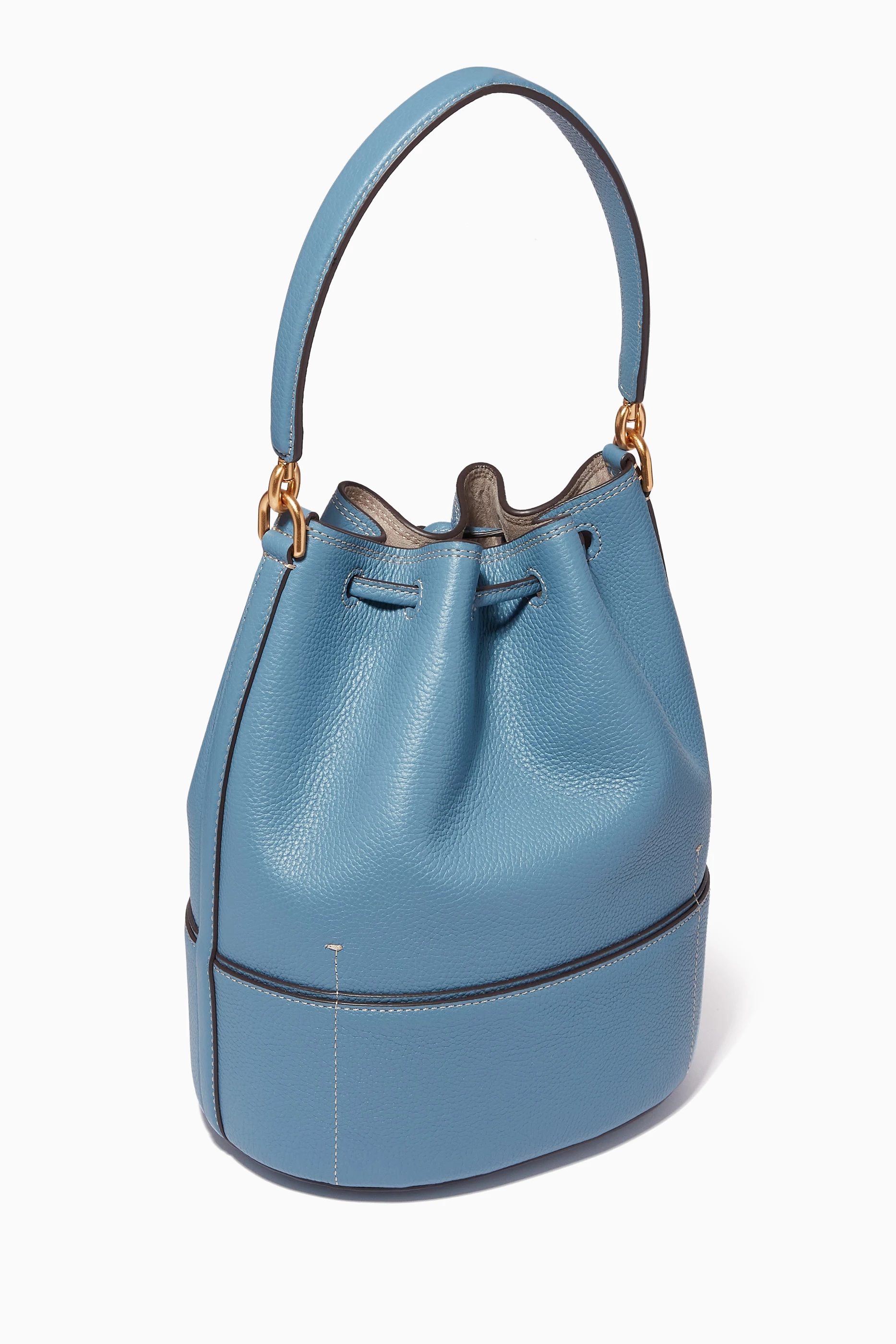 Blue leather bucket bag store