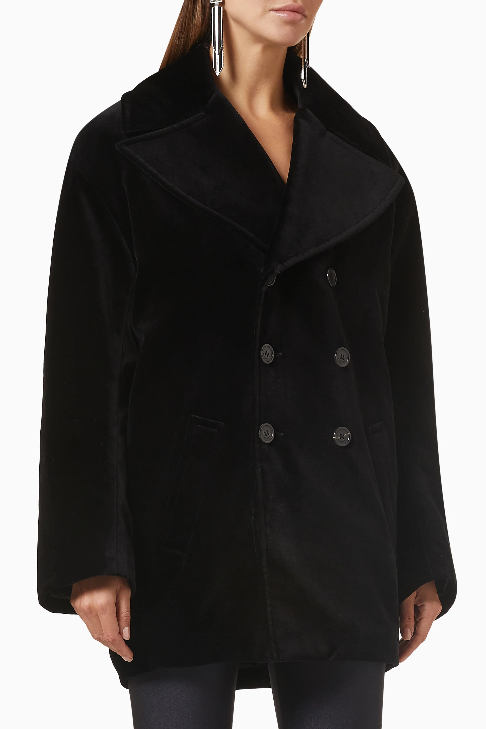 Buy SAINT LAURENT Black Embellished logo Oversized Peacoat in Cotton velvet For Women Online Ounass UAE